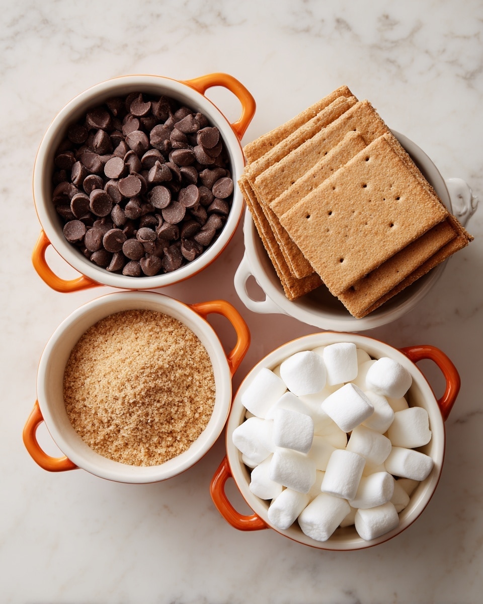 The image shows four white measuring bowls with orange rims arranged on a white marbled surface. The top left bowl, marked 1 cup, is filled with dark brown chocolate chips that have a smooth, shiny texture. The top right bowl is a white bowl holding five square light brown graham crackers stacked neatly, showing their rough and slightly grainy texture. The bottom left bowl, marked 1/3 cup, contains light brown golden brown sugar with a crumbly texture. The bottom right bowl, marked 1/2 cup, is filled with small, white, soft marshmallows that have a fluffy and smooth surface. All bowls are placed close together in a balanced arrangement. Photo taken with an iphone --ar 4:5 --v 7