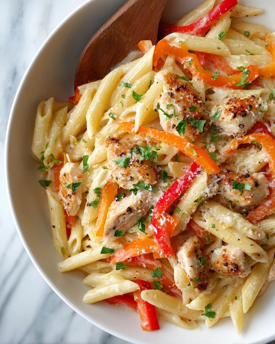 A close-up view of a creamy pasta dish in a white bowl, showing three main layers: the base layer is penne pasta in pale yellow, coated evenly with a light creamy sauce giving it a smooth texture; scattered throughout are bright red and orange bell pepper strips adding a fresh, glossy pop of color; on top, there are pieces of browned cooked chicken, seasoned with visible black pepper and small green parsley leaves sprinkled over everything for a touch of freshness. A light dusting of grated cheese covers parts of the dish, and a wooden spatula is placed inside the bowl on the left side. The bowl sits on a white marbled surface. photo taken with an iphone --ar 4:5 --v 7