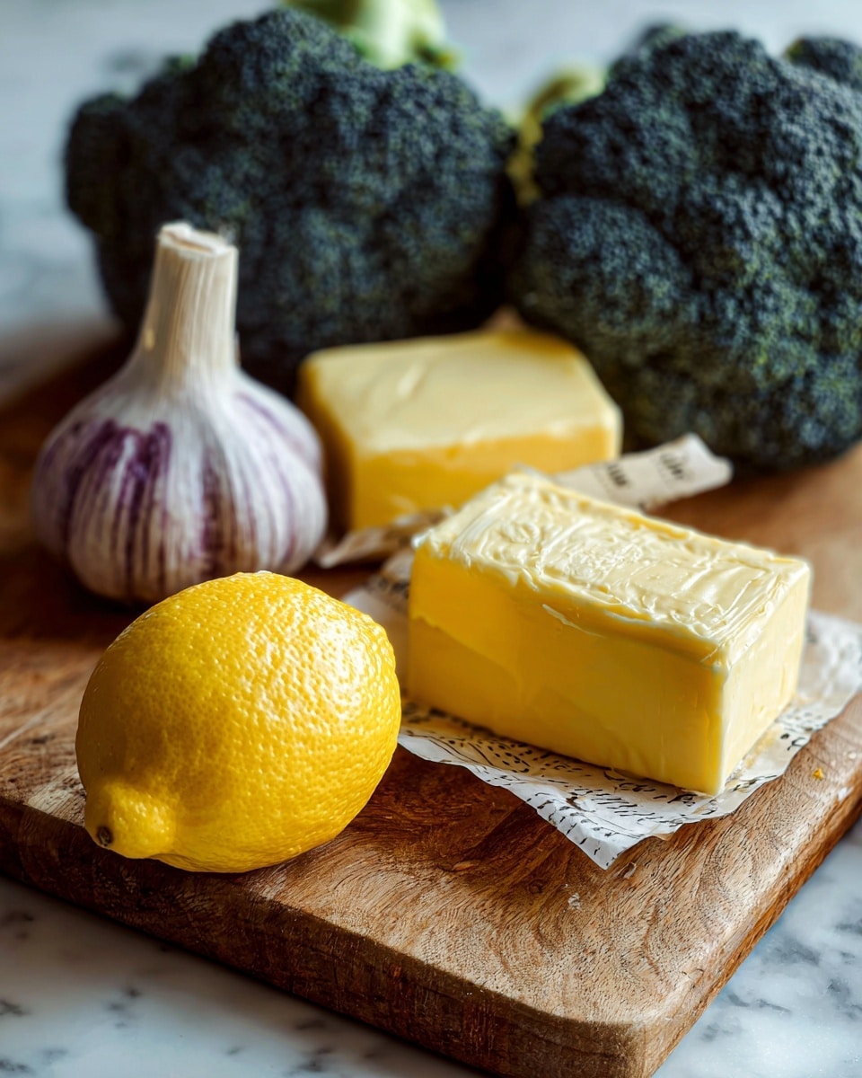 The image shows a close-up of fresh ingredients placed on a wooden cutting board. In the front, there is a bright yellow lemon with a slightly rough texture. Behind the lemon, there are two blocks of yellow butter, each wrapped in paper with measurement markings visible. To the left and behind the butter, there is a bulb of white garlic with purple streaks and a rough, papery skin. Surrounding these items are two heads of dark green broccoli with dense, bumpy florets. The background and surface appear to be a white marbled texture. photo taken with an iphone --ar 4:5 --v 7
