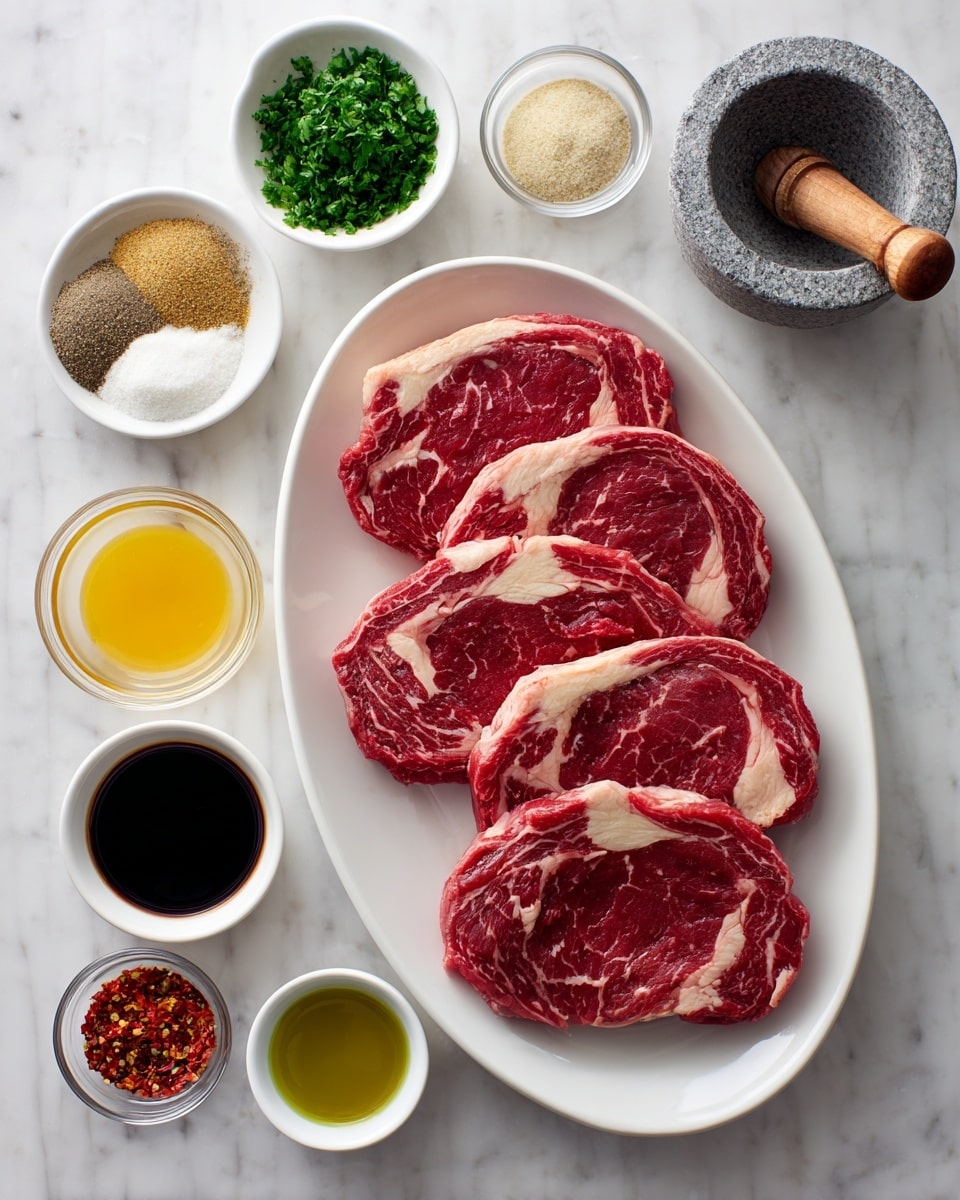 The image shows a white oval plate in the center holding four raw rib eye steaks with red meat and white fat marbling. Around the plate, there are small white bowls and clear glass bowls containing various ingredients. Starting from the top left and going clockwise, there is a small white bowl of green chopped parsley, a clear bowl with brown Italian seasonings, a clear bowl with light yellow onion powder, a clear bowl with beige garlic powder, a small white bowl with dark soy sauce, a small white bowl of pale yellow lemon juice, a gray stone mortar with black pepper and a wooden pestle, a small white bowl of white salt with a tiny wooden scoop, a clear bowl of minced garlic, a small white bowl of red pepper flakes, a small white bowl of dark Worcestershire sauce, and a small white bowl with greenish olive oil. The items are arranged neatly on a white marbled surface. photo taken with an iphone --ar 4:5 --v 7