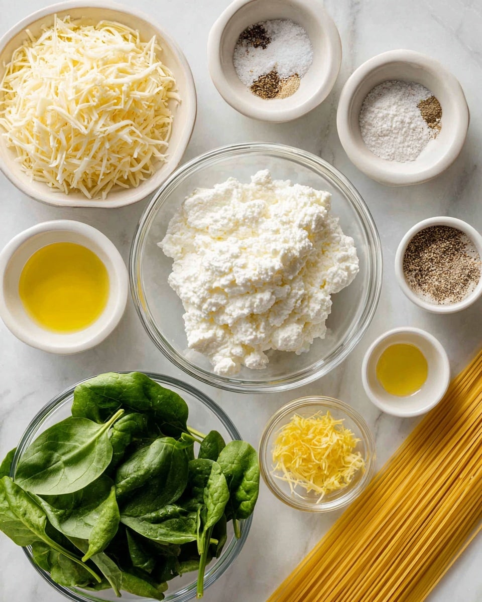 The image shows a white marbled surface with several small white bowls and glass containers arranged neatly, each filled with different ingredients. In the center is a glass bowl with a large mound of white, crumbly ricotta cheese. Above it to the left is a white bowl filled with light yellow shredded Parmesan cheese. To the top right, there are two small white bowls, one with coarse white salt and the other with black pepper. Below the Parmesan is a small white bowl with golden olive oil. Below the salt and pepper are small white bowls containing bright yellow lemon zest and finely minced garlic. At the bottom center, there is a glass bowl filled with fresh dark green spinach leaves. To the left, a bunch of uncooked golden spaghetti strands lie flat on the surface. Below the spinach is a small glass bowl holding light yellow lemon juice. The overall look is clean, simple, and organized. photo taken with an iphone --ar 4:5 --v 7