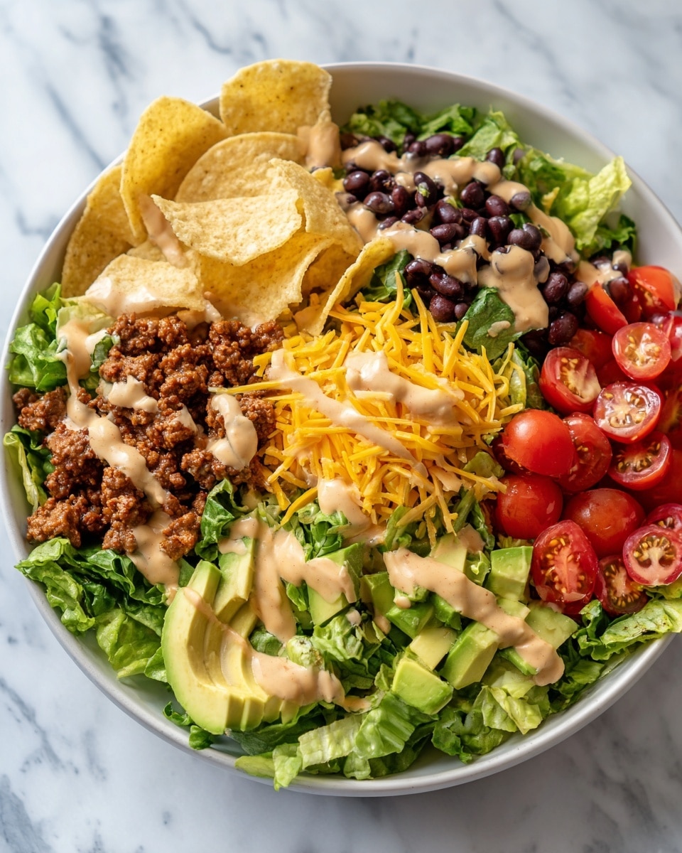 A white wide bowl sits on a white marbled surface and is filled with a layered taco salad. The bottom layer is fresh, green romaine lettuce pieces, topped with black beans and bright yellow shredded cheddar cheese. On top of the cheese is a layer of cooked ground beef covered with a creamy light brown sauce. Around the edges of the bowl are round, light beige tortilla chips and small cubes of light green avocado. Some halved red cherry tomatoes are placed near the bowl on the white marbled surface. Photo taken with an iphone --ar 4:5 --v 7