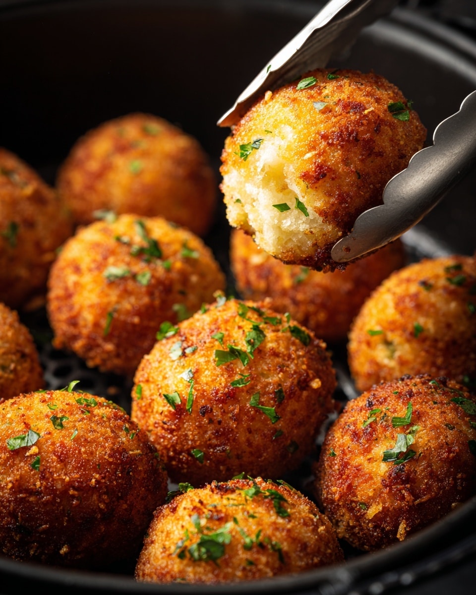 The image shows many round, golden brown fried balls with a crispy, textured outside, sprinkled with small pieces of fresh green herbs. They are inside a black air fryer basket. One ball is being held up by silver tongs, showing its round shape and crunchy coating. The lighting highlights the warm, crunchy texture of the balls and the fresh green herb details. The background is dark, making the fried balls stand out clearly. photo taken with an iphone --ar 4:5 --v 7