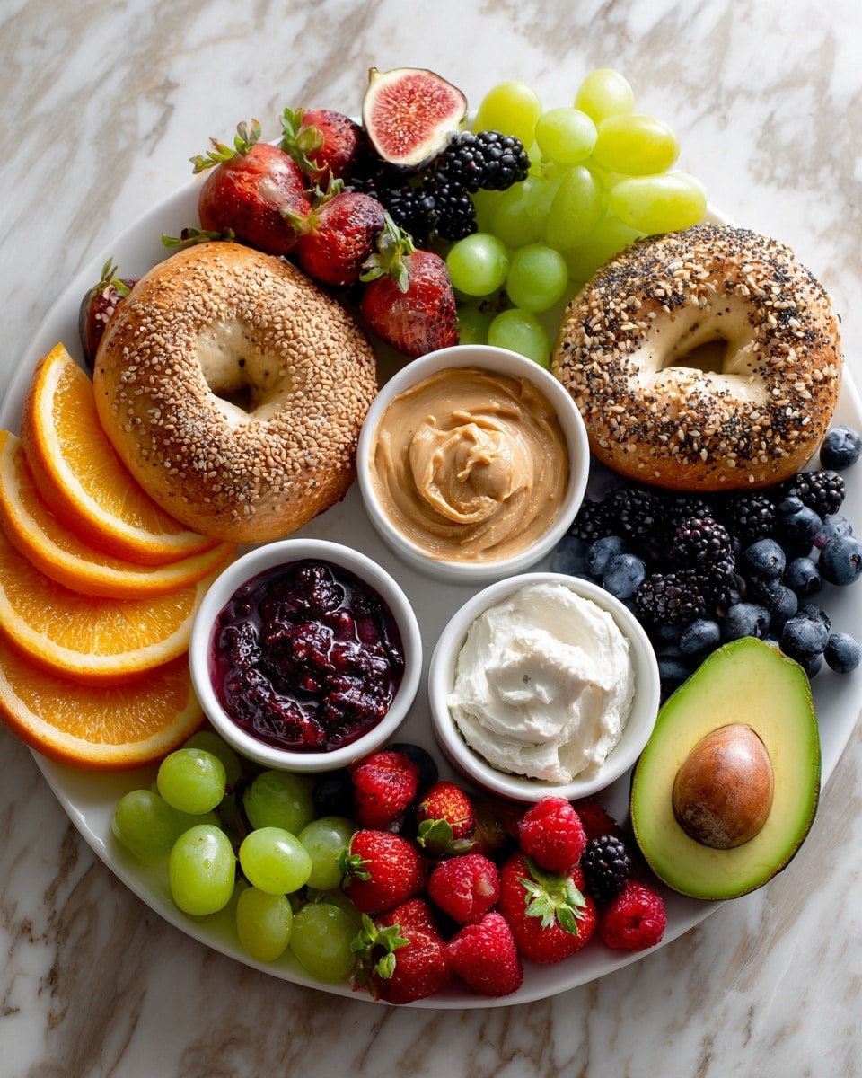 A round white plate is filled with four types of bagels: one with sesame seeds on top near green grapes and fig halves, one with mixed seeds topped with blackberries and blueberries, one plain bagel near strawberries, and one berry bagel surrounded by blackberries and green grapes. In the center are small white bowls holding creamy peanut butter, berry jam, plain cream cheese, whipped cream cheese, and hummus, all surrounded by fresh fruit including orange slices, raspberries, blueberries, strawberries, figs, and green grapes. A halved avocado with its seed remains visible in the middle of the plate. The surface beneath the plate has a white marbled texture. photo taken with an iphone --ar 4:5 --v 7