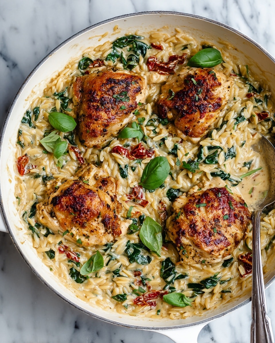 The dish shows three golden-brown cooked chicken pieces placed on top of a creamy orzo pasta mixed with green spinach leaves and small pieces of red sun-dried tomatoes. The orzo has a smooth, creamy texture with a light beige color, forming the bottom layer. Bright green fresh basil leaves are scattered over the chicken and pasta, adding a fresh touch. A metal spoon rests partly inside the orzo on the right side of the white pan, which is on a white marbled surface. The photo taken with an iphone --ar 4:5 --v 7