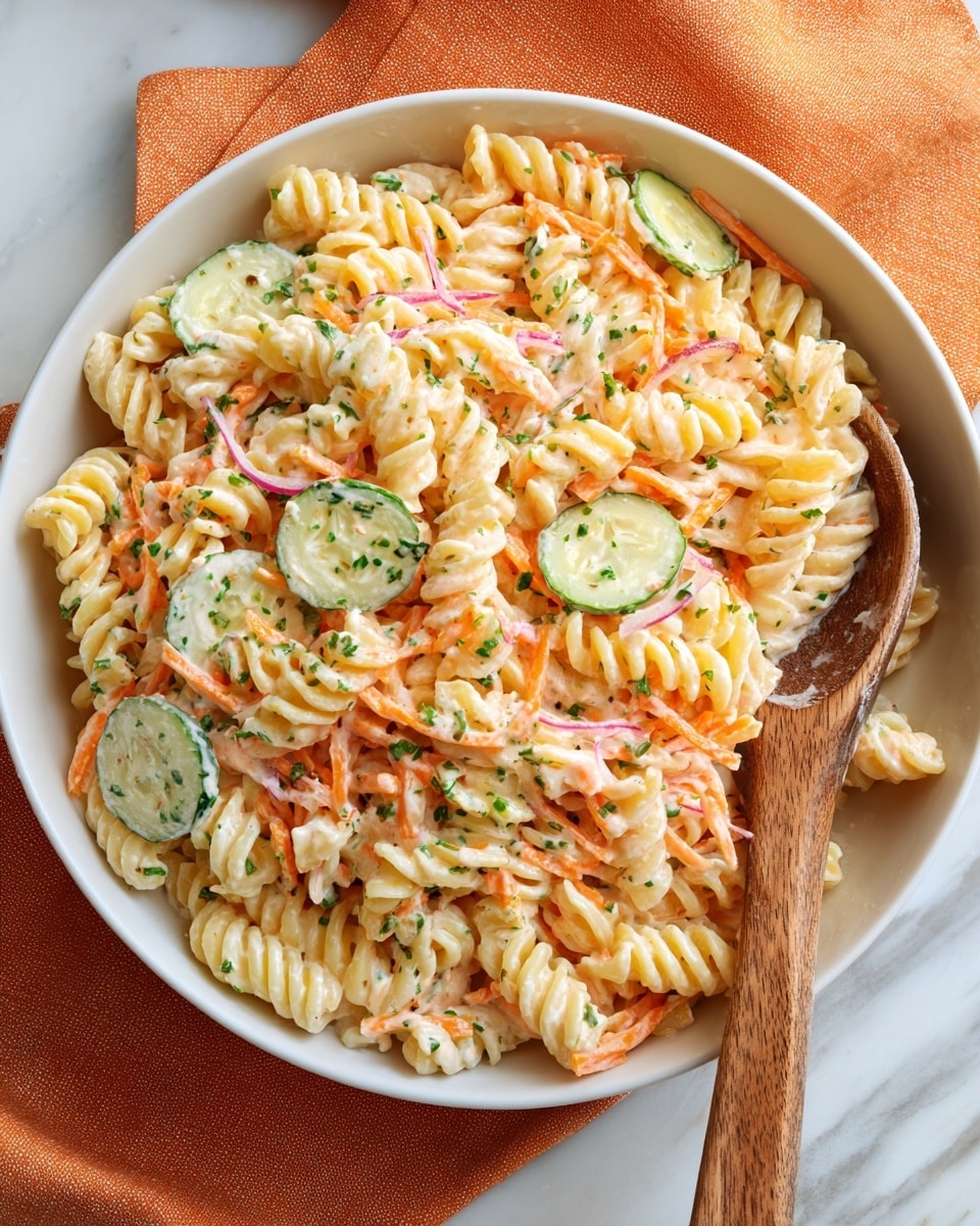 The image shows a close-up of a white bowl filled with a creamy pasta salad. The dish has three main layers: the bottom layer is light yellow spiral pasta, the middle layer consists of thin orange carrot strips and round light green cucumber slices, and the top layer is sprinkled with green herbs and thin pink strips of onion. A wooden spoon is partially inside the bowl on the right side, with the spoon handle resting on the edge of the bowl. The bowl is placed on an orange cloth over a white marbled surface. photo taken with an iphone --ar 4:5 --v 7