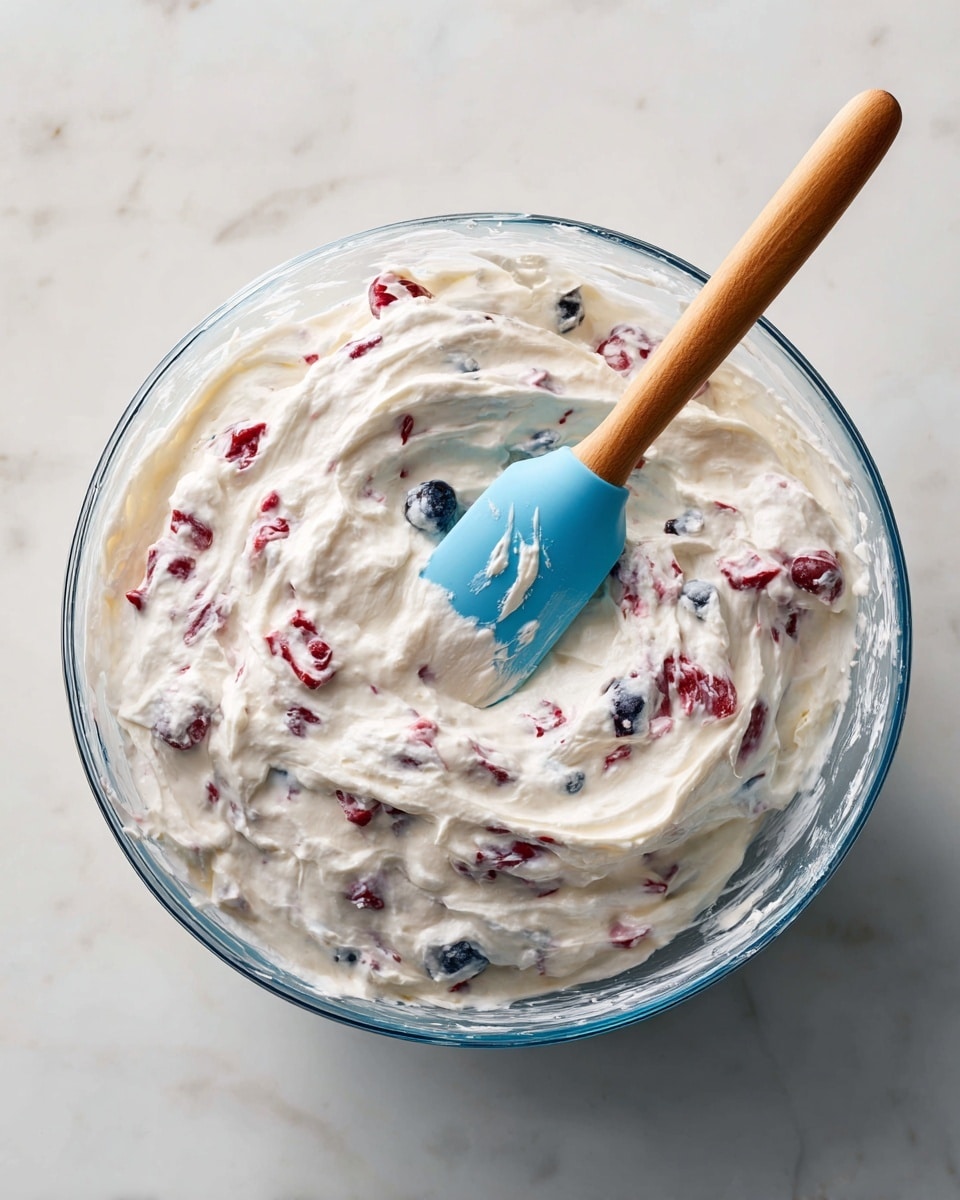 A clear glass bowl filled with a creamy white mixture that has small pieces of red and dark blue fruit distributed throughout. The texture is thick and fluffy, with visible soft peaks and swirls created by a blue silicone spatula with a wooden handle resting inside the bowl. The bowl is placed on a white marbled surface, enhancing the clean and fresh look of the dish. photo taken with an iphone --ar 4:5 --v 7