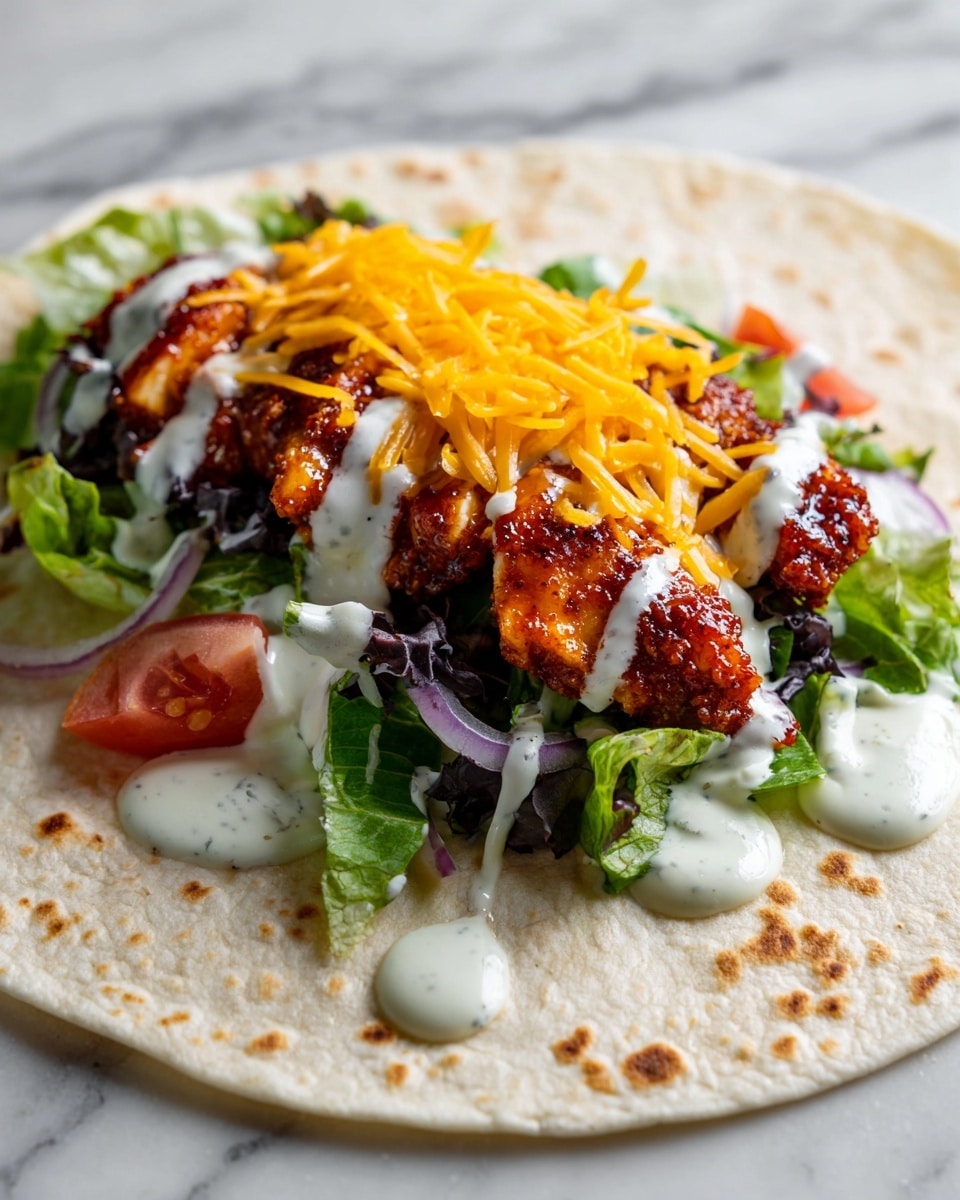 A soft, round tortilla with a light beige color and some brown spots lays flat on a white marbled surface. Spread thinly around the edges is a creamy white sauce with small black specks. On top, a rectangular slice of bright orange cheese sheet lies in the center. Shredded dark green lettuce and a few thin rings of purple onion are scattered over the cheese. Two pieces of crispy fried chicken with a shiny reddish-brown sauce rest on the lettuce, along with small chunks of red tomato. The layers create a colorful, neat stack on the tortilla. photo taken with an iphone --ar 4:5 --v 7
