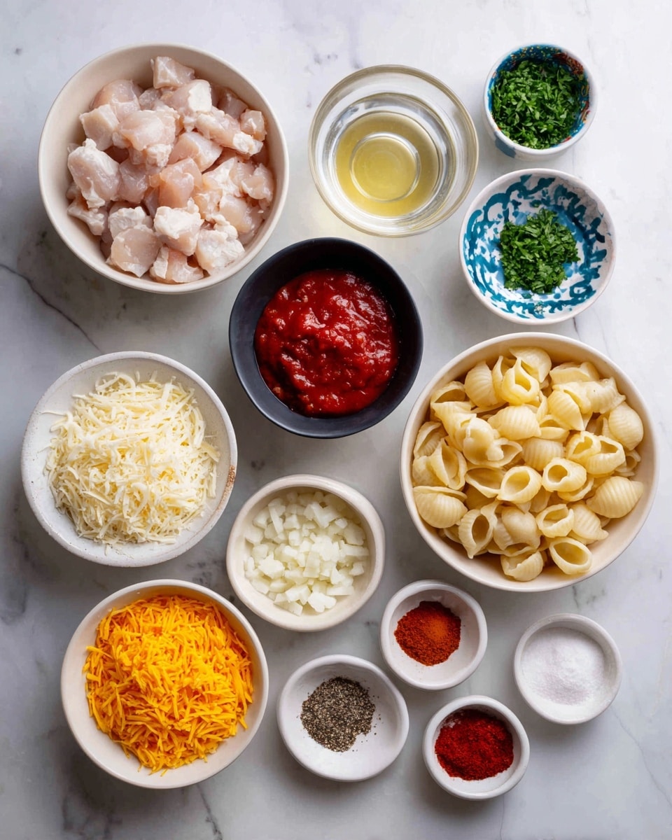 The image shows a flat layout of ingredients in white bowls and small white dishes on a white marbled surface. Starting at the top left, there is a bowl filled with raw light pink diced chicken pieces. To the right, a small dish contains finely chopped green parsley, and next to it, a bowl holds chunky red tomato sauce. Below the parsley is a small black bowl with clear water. To its right, a white bowl with a blue pattern holds uncooked light beige pasta shells. Moving down, a white bowl contains shredded pale yellow mozzarella cheese, while near the bottom left, a white bowl has finely chopped white onion. Below the onion, a small dish holds finely ground black pepper. Nearby, a small bowl has minced garlic in off-white cream color. Towards the center bottom, there is a white bowl filled with bright orange shredded cheddar cheese, and nearby, another bowl contains bright red paprika powder. At the bottom right, there are three small dishes filled with white flour, deep red tomato paste, and coarse white salt; next to them, a small bowl holds light yellow olive oil. Everything is neatly arranged with clear labels above each container. Photo taken with an iphone --ar 4:5 --v 7
