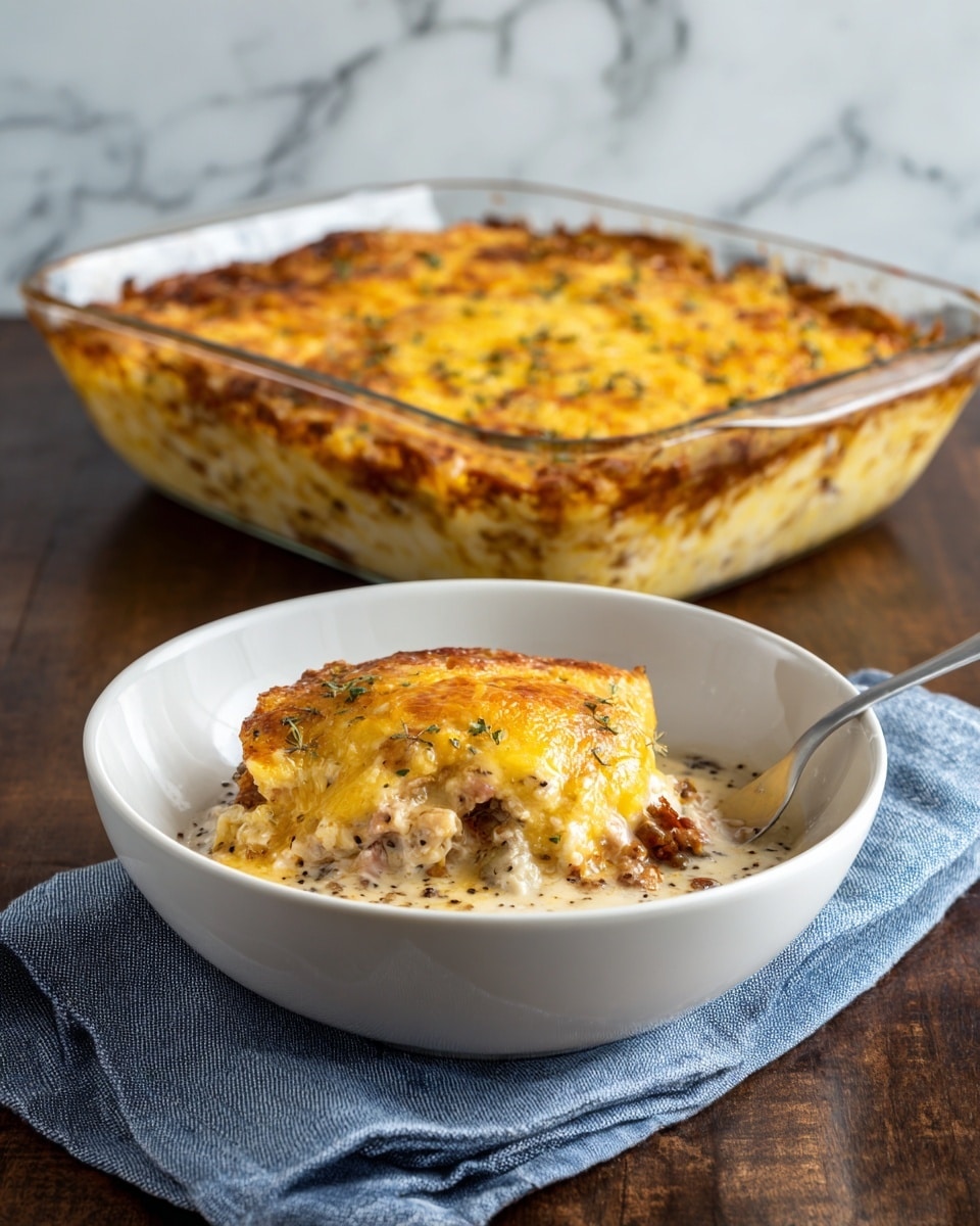 A white bowl is filled with a creamy casserole showing two main layers: the bottom layer is a soft, pale sauce with specks of black pepper and herbs, while the top layer is melted golden-yellow cheese, slightly bubbly and uneven. Behind the bowl, there is a large glass baking dish full of the same cheesy casserole with a more solid, golden-yellow top layer. The bowl rests on a blue-gray cloth placed on a dark wooden surface, all against a white marbled background. photo taken with an iphone --ar 4:5 --v 7