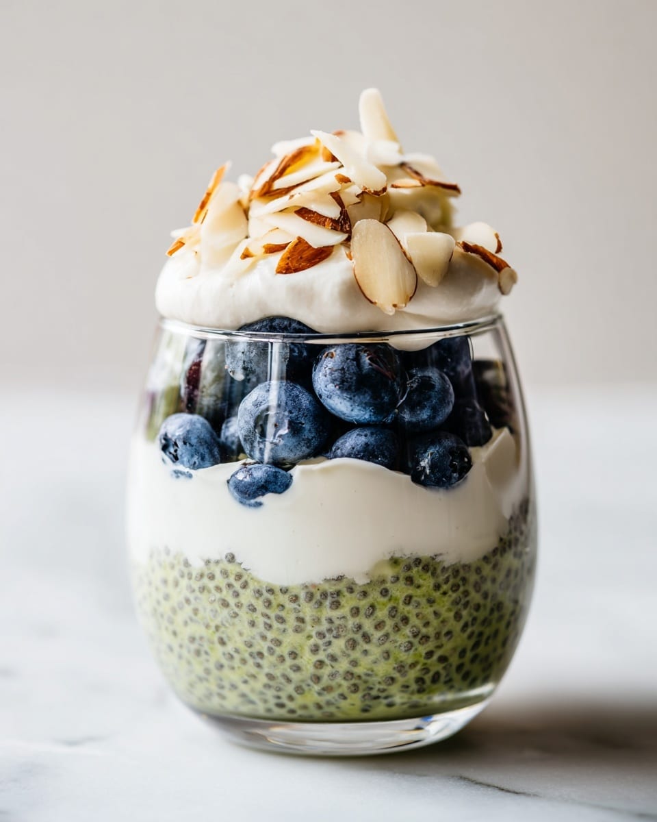 A clear glass shows five layers in this dessert. The bottom and third layers are green chia pudding with tiny seeds, thick and textured. The second and fourth layers are smooth white yogurt, evenly spread. Above the fourth layer is a section of fresh dark blue blueberries mixed with thin off-white slivered almonds. The top layer is a fluffy white cream, rounded at the top and decorated with scattered blueberries and light beige almond slices. The dessert is placed on a white marbled surface with a plain light background. Photo taken with an iphone --ar 4:5 --v 7
