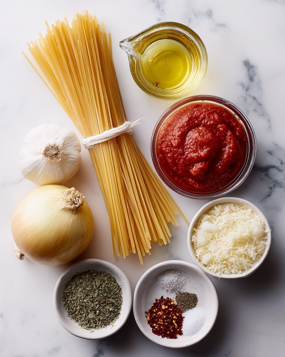 The image shows different ingredients arranged on a white marbled surface. On the left, a bundle of uncooked spaghetti tied with a white string is placed vertically. Next to it is a whole yellow onion with its skin partly peeling. Above the onion, there is a small clear glass measuring cup filled with light golden olive oil. To the right of the oil, a small clear glass bowl holds thick red tomato paste. Below, a whole bulb of garlic sits beside a small clear bowl of coarse salt and ground black pepper. In the foreground, there are two white bowls, one with dried green herbs and the other filled with pale shaved parmesan cheese. A small clear bowl of red chili flakes is also visible near the salt and pepper bowl. photo taken with an iphone --ar 4:5 --v 7