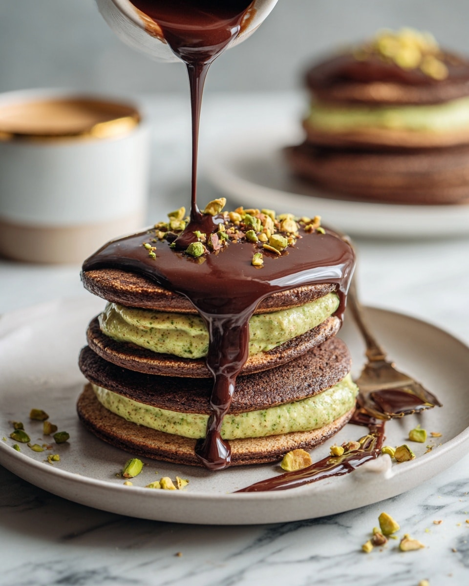 A stack of three thick dark brown pancakes on a white plate sits on a white marbled surface. Between each pancake is a layer of light green creamy filling with a slightly rough texture, making two filling layers in total. Dark shiny chocolate sauce is being poured over the top pancake, dripping down the sides. Small chopped pistachio pieces are sprinkled over the chocolate sauce and scattered on the plate. In the background, there is a blurred stack of similar pancakes on a white plate and a light gold cup with a spoon next to it. photo taken with an iphone --ar 4:5 --v 7