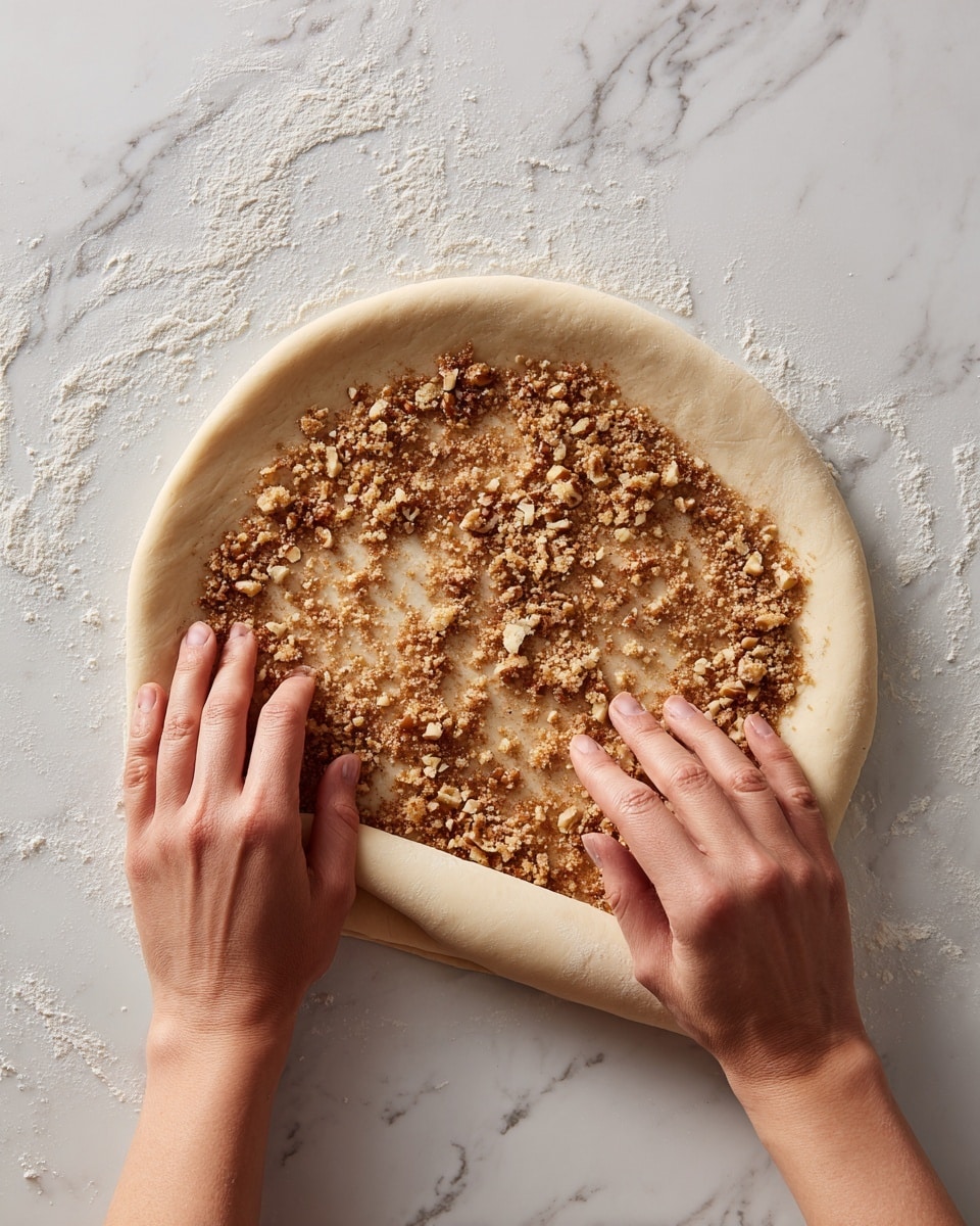 The image shows a pair of woman's hands rolling a flat, round dough sprinkled with brown sugar and small nut pieces on a white marbled surface. The dough has a light golden color and looks soft. The nuts and sugar are spread evenly on the dough before rolling. The hands gently fold the edge of the dough, creating layers as the dough is rolled into a cylinder shape. Photo taken with an iphone --ar 4:5 --v 7