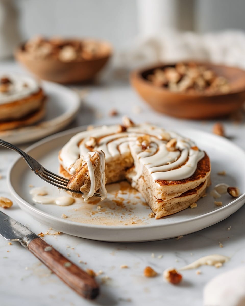 The image shows a close-up of a white plate with a single serving of a round, thick, golden-brown pancake topped with a swirl of white cream sauce. The pancake is cut into segments, and a fork is lifting one piece, showing the soft, fluffy texture inside. The plate rests on a white marbled surface with scattered crumbs and a wooden bowl filled with nuts in the background. A knife lies near another plate holding more pancakes, slightly out of focus. The photo taken with an iphone --ar 4:5 --v 7