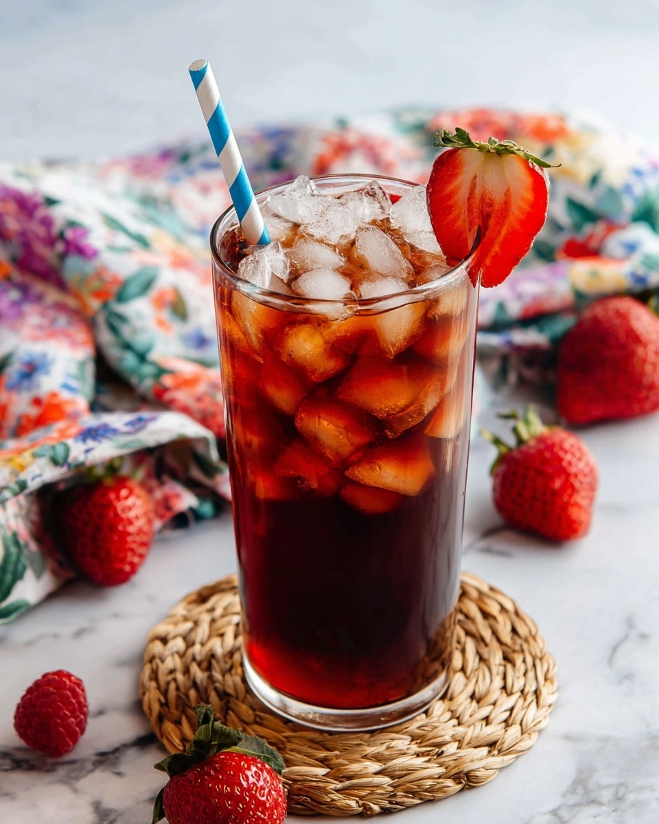 A tall clear glass filled with dark red iced tea, topped with many small, clear ice cubes that cover the whole top layer, with a striped blue and white paper straw sticking out near the rim; a fresh, bright red strawberry sliced in half is placed next to the straw on the rim. The glass sits on a round woven coaster on a white marbled surface. Around the glass, there are scattered fresh strawberries and raspberries with a colorful floral cloth in the background. Photo taken with an iphone --ar 4:5 --v 7