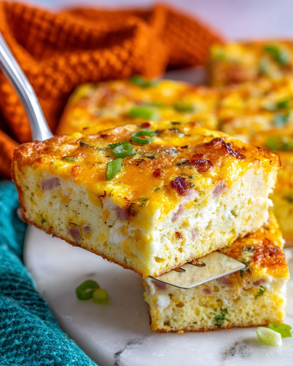 A close-up view of a single square slice of cheesy egg casserole lifted by a silver spatula above a white marbled surface. The dish has two main layers: a light yellow egg base mixed with small bits of ham and green onions, topped with a thick layer of melted, golden-yellow and white cheese that looks bubbly and slightly browned in spots. The casserole slices in the background show the same yellow and green colors with scattered bits of ham and melted cheese. An orange textured cloth and a teal cloth add color contrast blurred in the background. photo taken with an iphone --ar 4:5 --v 7