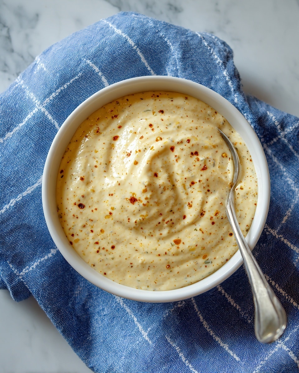 The image shows a white bowl filled with a thick, creamy sauce that has a pale yellow color with small brown and green specks mixed throughout. The texture looks smooth but slightly chunky. A metal spoon is partially submerged on the right side of the bowl. The bowl sits on a blue cloth with white cross patterns, placed over a white marbled surface. Photo taken with an iphone --ar 4:5 --v 7