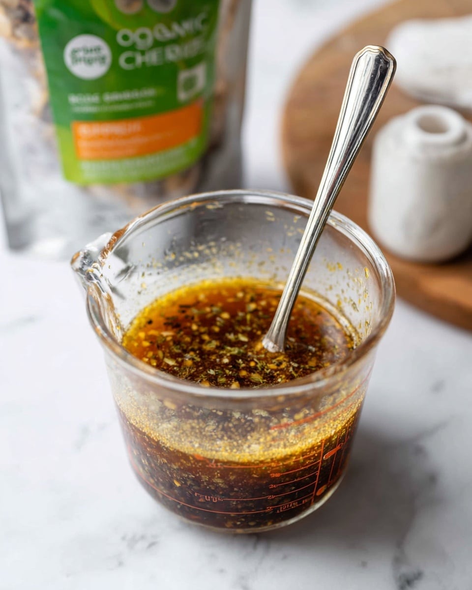 A clear glass measuring cup holds a mixed sauce with two visible layers: a darker mustard-brown liquid on top and slightly lighter liquid underneath, both with tiny specks of herbs and spices, giving a textured look. A shiny metal spoon stands inside the cup, reflecting light, with the handle rising vertically from the sauce. In the background, there is a package of organic chicken with green and white colors, featuring clear plastic wrap and orange text visible through it. In the foreground, a plastic white spice container sits blurry but noticeable on the white marbled surface. photo taken with an iphone --ar 4:5 --v 7