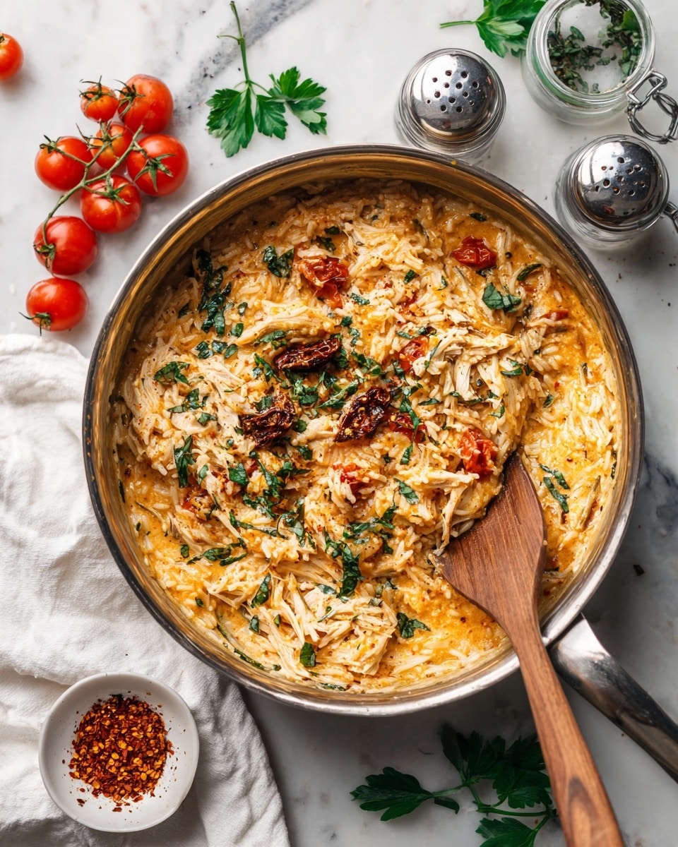 A large silver pot is filled with a creamy rice dish that has three main layers mixed together: orange creamy sauce, white shredded chicken pieces, and small bright red tomato chunks scattered throughout. There are dark sun-dried tomato pieces and some green leafy herbs spread on top, adding contrast and texture. A wooden spatula rests inside the pot with some of the mixture on it. Around the pot on a white marbled surface are a white napkin, several whole red cherry tomatoes, a sprig of fresh green parsley, a glass salt shaker, a pepper shaker, and a small white bowl filled with red pepper flakes. Photo taken with an iphone --ar 4:5 --v 7