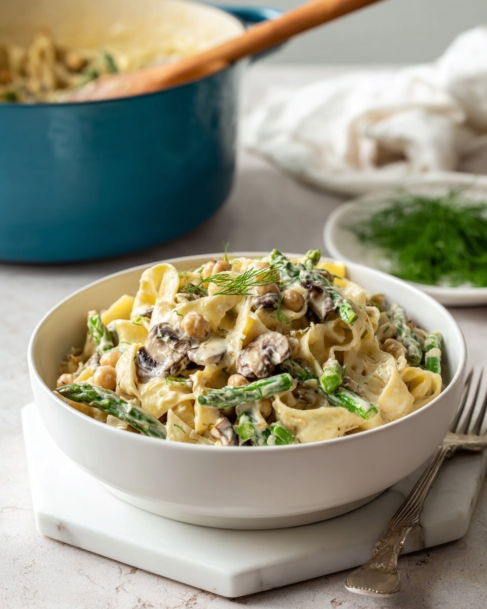 This image shows a creamy pasta dish with three layers of ingredients. The first layer is short yellow pasta pieces mixed evenly throughout. The second layer is bright green asparagus pieces spread throughout the pasta. The third layer includes round, light beige chickpeas and sliced mushrooms with a light brown color scattered on top and mixed in. The pasta is coated in a white creamy sauce and is served in a large pot on the right side with a wooden spoon inside it. On the left side, a white bowl filled with the same pasta dish sits on a white square plate with a fork beside it. Above the bowl is a small white dish filled with fresh green dill leaves. The whole scene is set on a white marbled surface. Photo taken with an iphone --ar 4:5 --v 7