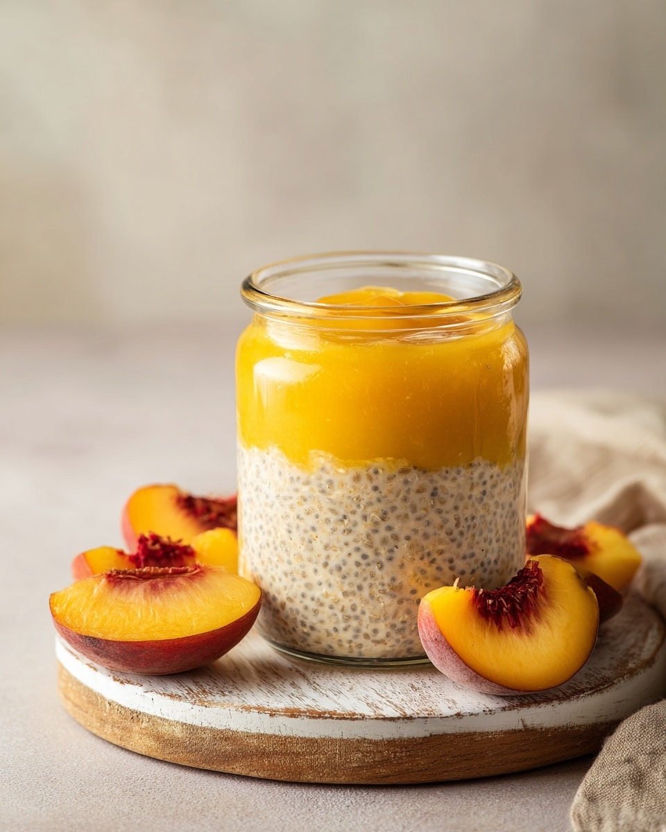 A clear glass jar sits on a round wooden board with a white marbled texture beneath, filled with three visible layers: the bottom and top layers are thick and creamy oatmeal with a slightly rough texture, featuring tiny chia seeds throughout, while the middle layer is a bright yellow fruit puree or jam that creates a smooth, shiny contrast. Around the jar, there are several fresh peach halves and slices with deep orange flesh and reddish centers, adding bright color and a fresh look to the scene. The background is softly blurred with neutral tones, enhancing the focus on the jar and fruit. Photo taken with an iphone --ar 4:5 --v 7