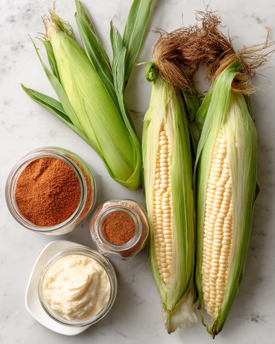 The image shows two fresh ears of corn with green husks and brown silk on a white marbled surface. Next to them are two clear glass spice jars with silver lids, one labeled chili powder with a reddish-brown powder inside, and the other labeled cayenne pepper with a similar reddish powder. Below the spices is a small jar filled with light yellow grated parmesan cheese, and to the left of it, a small white square bowl holds creamy white mayo with a smooth texture. The items are spread out neatly and clearly visible. Photo taken with an iphone --ar 4:5 --v 7