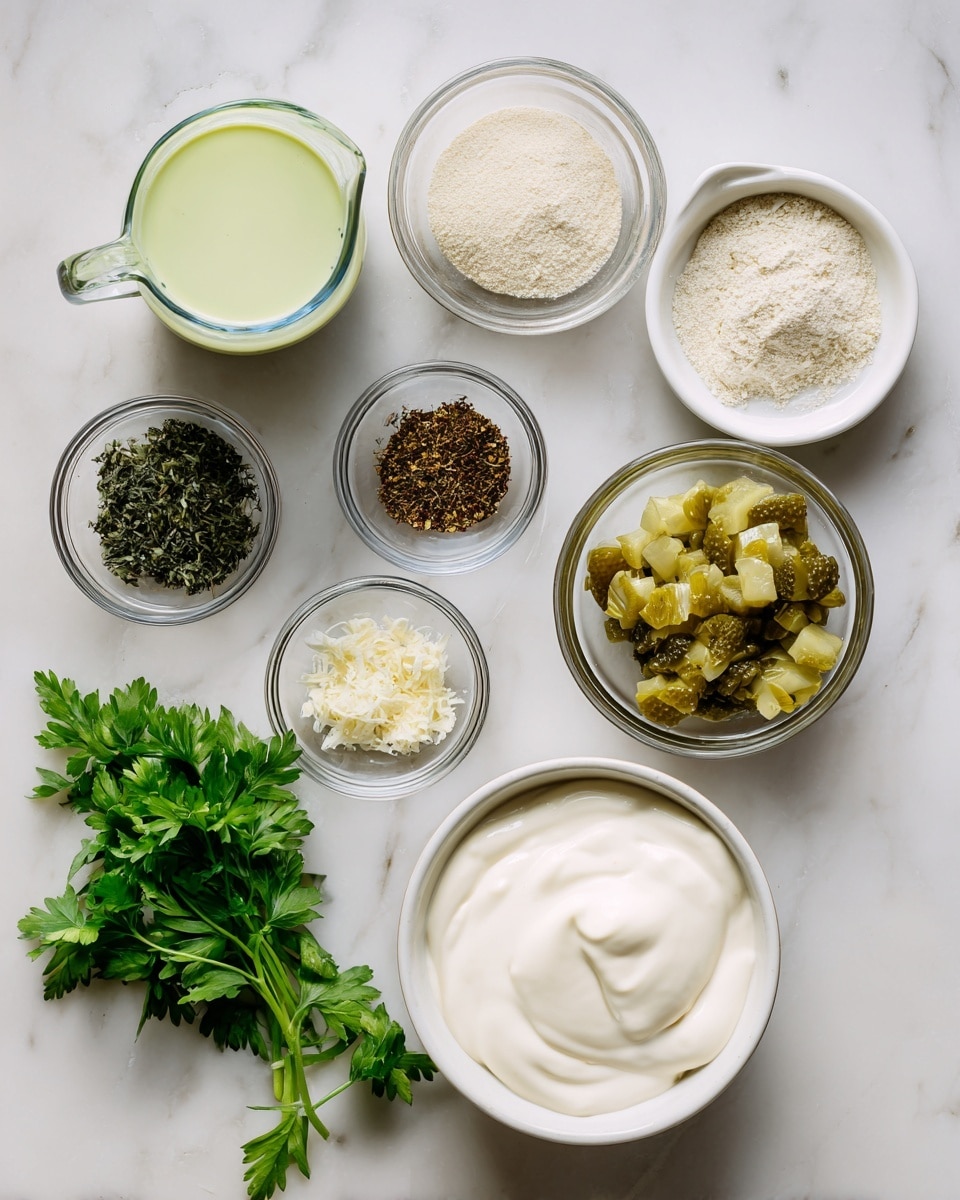 The image shows multiple clear glass bowls and a white bowl arranged on a white marbled surface, each holding different ingredients for a dill pickle ranch dip. At the top left is a clear measuring cup with pale green dill pickle juice. Next to it on the right is a small white bowl filled with a light beige ranch seasoning powder. Below the measuring cup is a tiny clear bowl with chopped dark green dill, and to its right is a clear bowl with small, irregular chunks of yellowish-green dill pickles. Slightly below and left is another small clear bowl with light beige granulated garlic and granulated onion. To the right of that is a small clear bowl holding fresh green parsley leaves. Towards the bottom left is a larger white bowl filled with smooth, thick, white light sour cream. On the marbled surface just above the sour cream is a small silver measuring spoon with brown celery salt powder. The photo is taken with an iphone --ar 4:5 --v 7