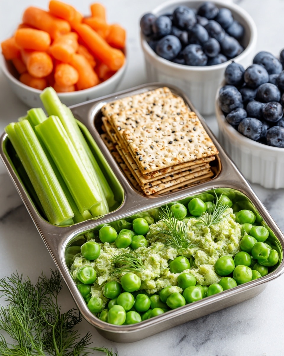 A close-up view of a three-section stainless steel tray on a white marbled surface. The top left section holds bright green celery sticks stacked neatly, the top right section contains light brown rectangular crackers with seeds speckled throughout, and the large bottom section features mashed green peas with small chunks, garnished with a few sprigs of fresh dill. Around the tray are bowls and loose ingredients including vibrant blueberries in a white bowl and orange baby carrots, adding a fresh and healthy look to the scene. Photo taken with an iphone --ar 4:5 --v 7