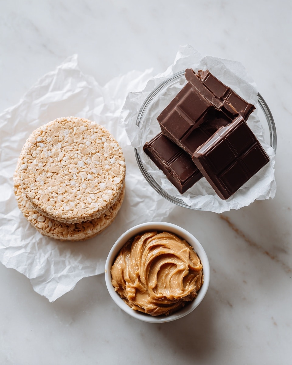 The image shows three main items on a white marbled surface. On the left, there are two round rice cakes with a light brown color and a slightly rough texture, placed one on top of the other on a piece of white crumpled parchment paper. To the right, there is a clear glass bowl filled with thick, square pieces of dark dairy-free chocolate stacked unevenly. Below the glass bowl, a small white bowl contains a creamy, chunky layer of peanut butter with a light brown shade. The arrangement is simple and clean. photo taken with an iphone --ar 4:5 --v 7