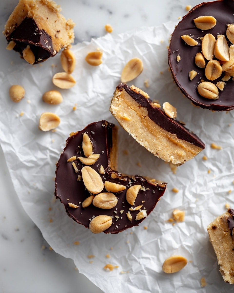 The image shows several round cookie pieces arranged on crumpled white parchment paper over a white marbled surface. Each cookie has two layers: a bottom layer of light golden, crumbly cookie base and a top layer of smooth, dark brown chocolate spread that partially covers the cookie base. On top of the chocolate, there are scattered light brown peanut halves adding texture. Some cookies are whole, while others are broken into smaller pieces with crumbs spread around them. The lighting is soft and natural, making the textures of the chocolate and peanuts clear photo taken with an iphone --ar 4:5 --v 7