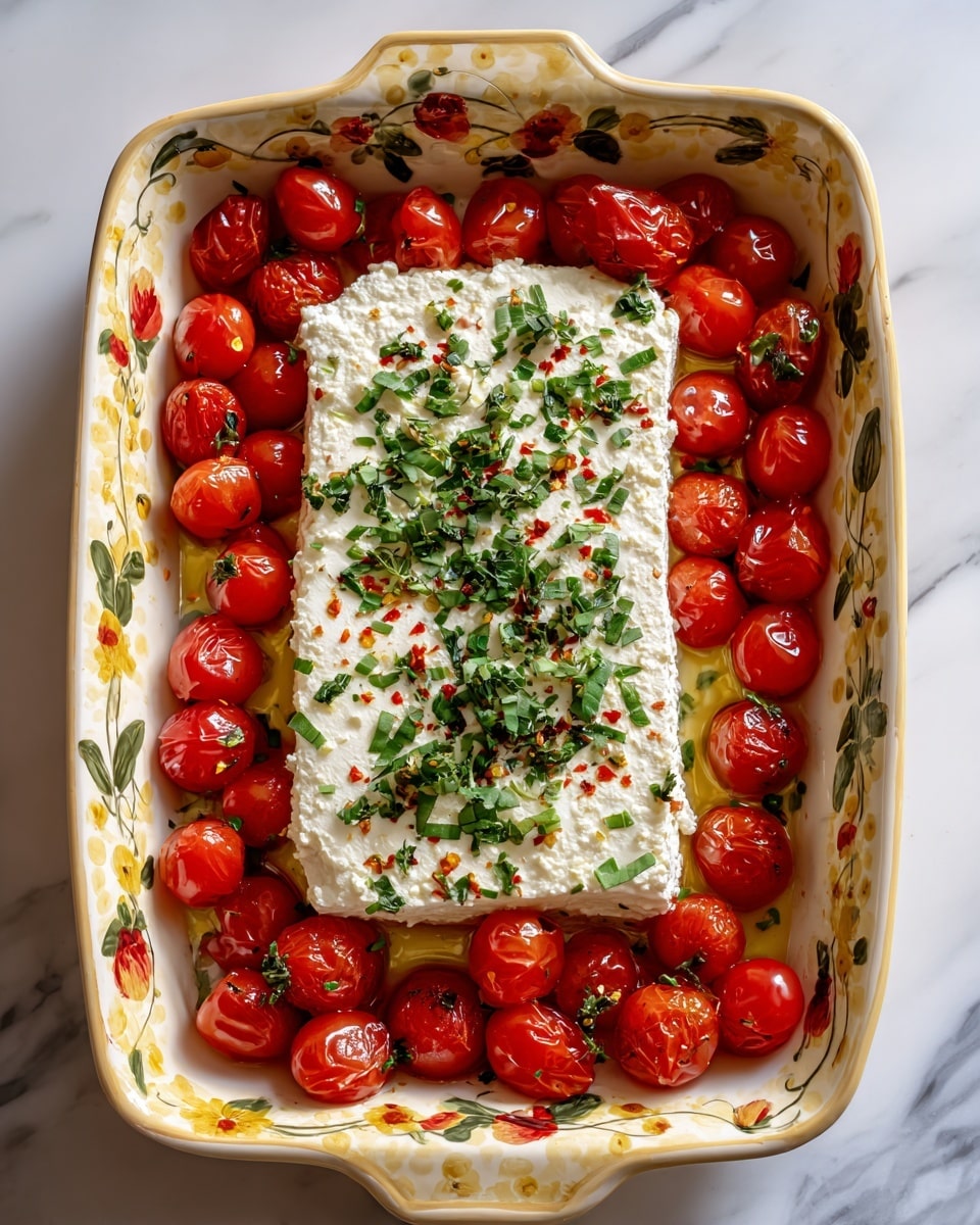 A rectangular baking dish with a light yellow floral pattern holds a block of white cheese in the center, topped with chopped green herbs and sprinkled with red flakes and seasoning. Surrounding the cheese are bright red cherry tomatoes that fill the dish evenly. The dish sits on a white marbled surface. photo taken with an iphone --ar 4:5 --v 7