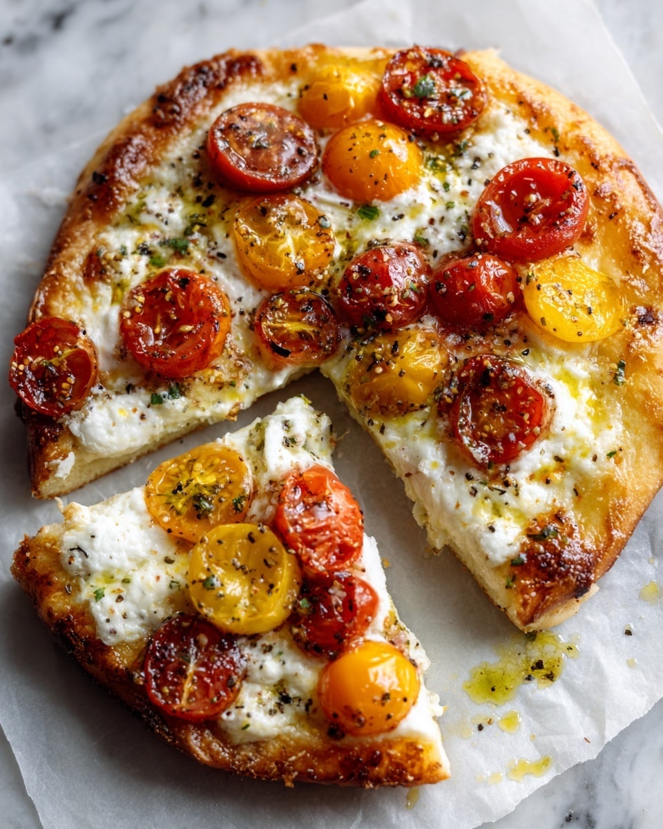 The image shows a small round pizza with two main layers on a white marbled surface: the bottom layer is a golden-brown crust that looks crispy on the edge, while the top layer is mostly melted white cheese spread unevenly across the surface. Scattered on top are halves of red and yellow cherry tomatoes of different sizes, some with black pepper sprinkled over them. Pockets of green oil or sauce can be seen around the cheese and tomatoes, adding more color contrast to the pizza. The pizza is resting on parchment paper. photo taken with an iphone --ar 4:5 --v 7