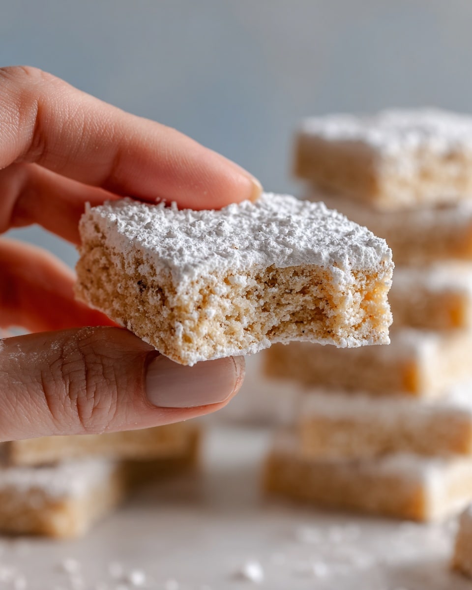 A close-up image shows a woman's hand holding a square piece of soft, light tan cookie with a powdered white sugar coating on top and along the edges. The cookie has a bite taken from one corner, revealing a slightly crumbly and dry texture inside. In the blurred background, multiple similar cookies are stacked together on a white marbled surface, all dusted with powdered white sugar. The scene has natural lighting and a clean, simple look. photo taken with an iphone --ar 4:5 --v 7
