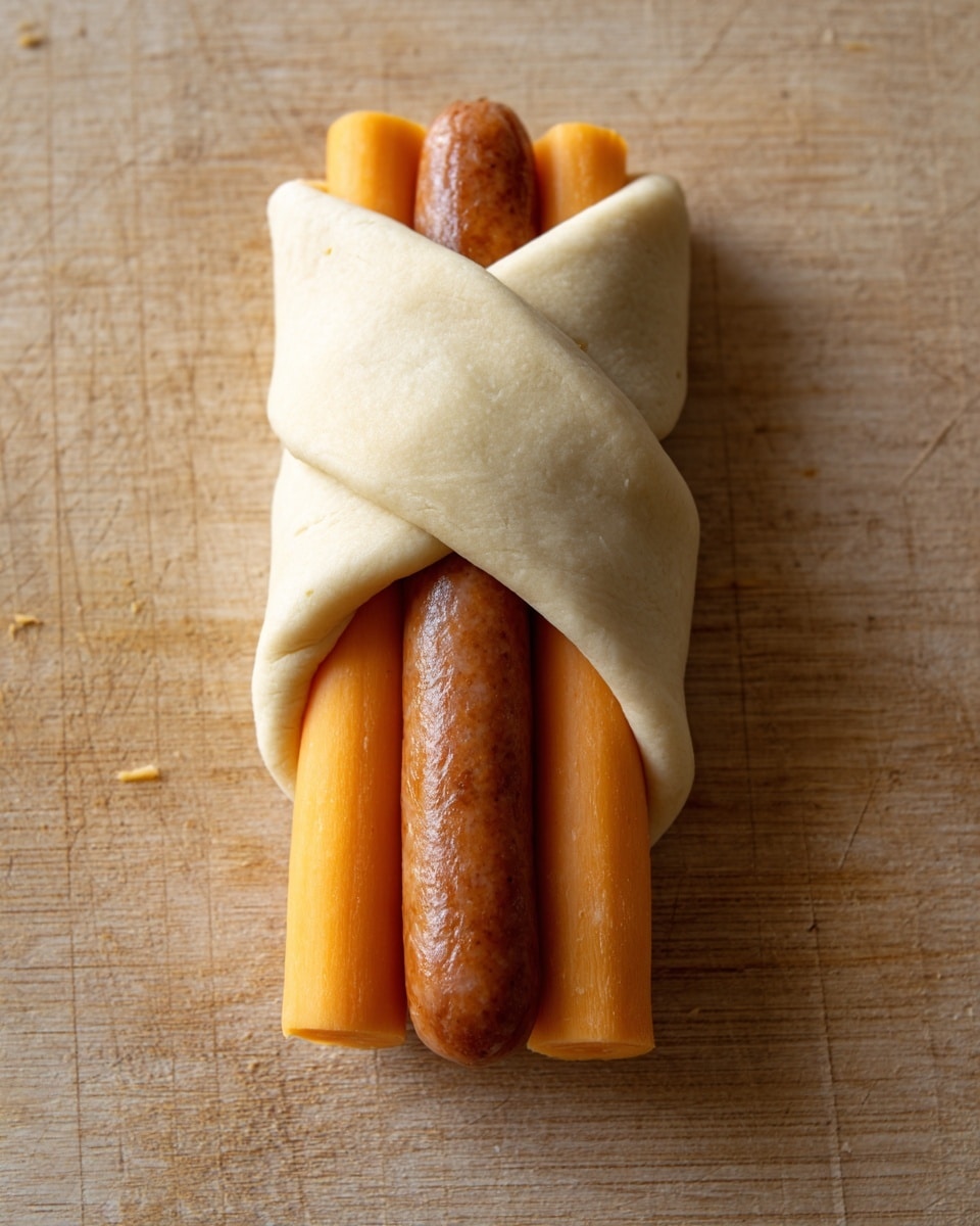 The image shows a rolled piece of dough wrapping around one sausage and two orange cheese sticks, with the cheese sticks positioned on each side of the sausage. The dough is pale and smooth with a soft texture, covering the middle part of the sausage and cheese but leaving the tops and ends visible. The wrap is placed on a light wooden surface, showing a rustic look. photo taken with an iphone --ar 4:5 --v 7