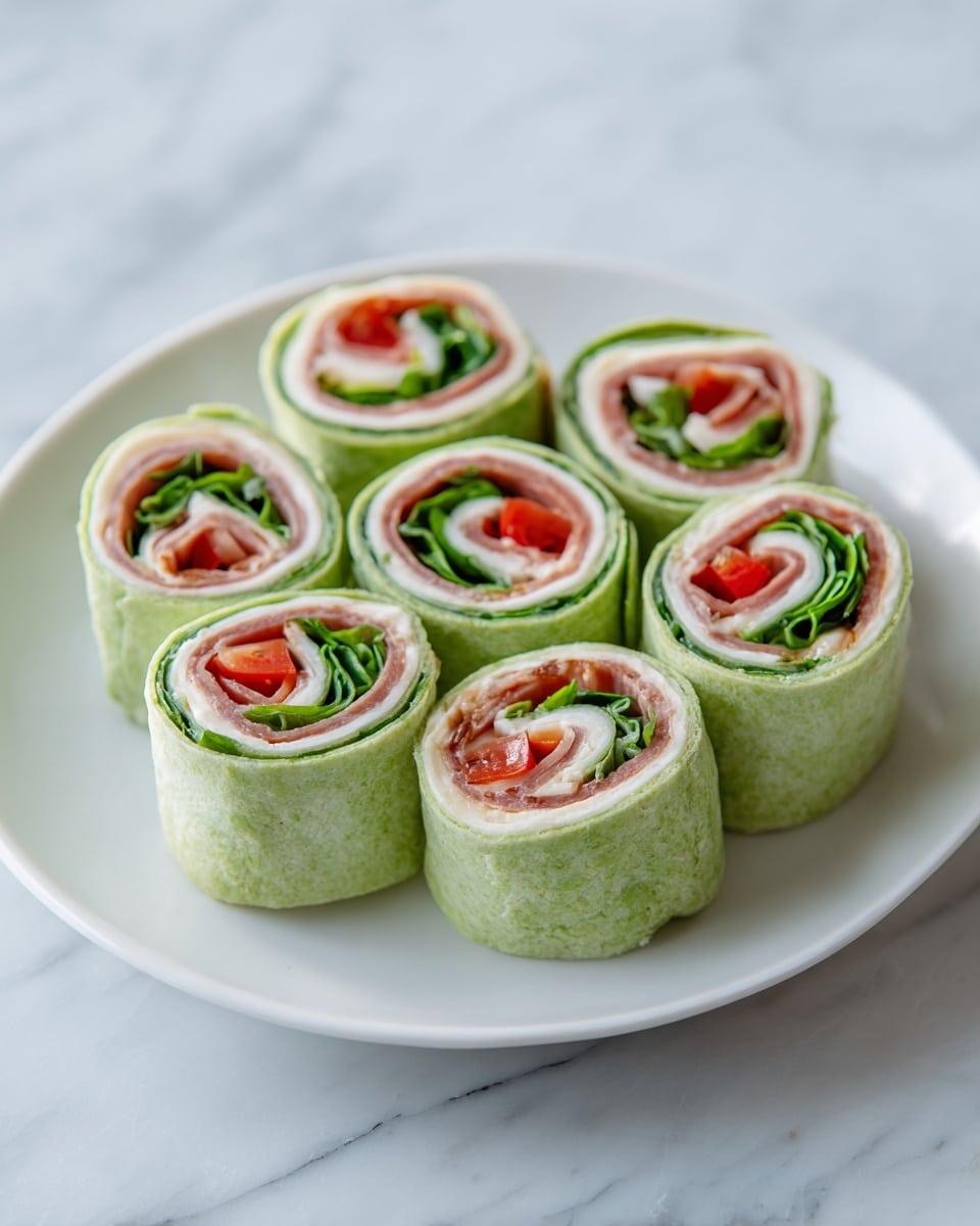 Small rolled sandwiches are placed closely on a round white plate over a white marbled surface. Each roll has four visible layers: the outer layer is a soft green wrap, inside that is a creamy white layer that looks smooth, next a thin brown meat layer, and in the center, there are small pieces of bright red pepper. The rolls are neatly cut to show the spiral pattern of the layers inside. Photo taken with an iphone --ar 4:5 --v 7