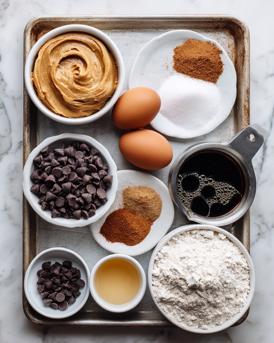 The image shows a baking tray on a white marbled surface with various baking ingredients neatly arranged. There is a metal measuring cup with white gluten-free flour in the bottom right, a white bowl with creamy light brown peanut butter in the top left, and two brown eggs placed in the center. Nearby, a small white bowl contains mini dark chocolate chips. Another small white bowl holds dark maple syrup with bubbles on top, positioned to the right of the eggs. A white plate holds three small piles of white baking powder and salt, plus brown cinnamon powder at the top center. Lastly, there is a small white bowl with liquid vanilla extract near the bottom center. Each ingredient is labeled with simple text. Photo taken with an iphone --ar 4:5 --v 7