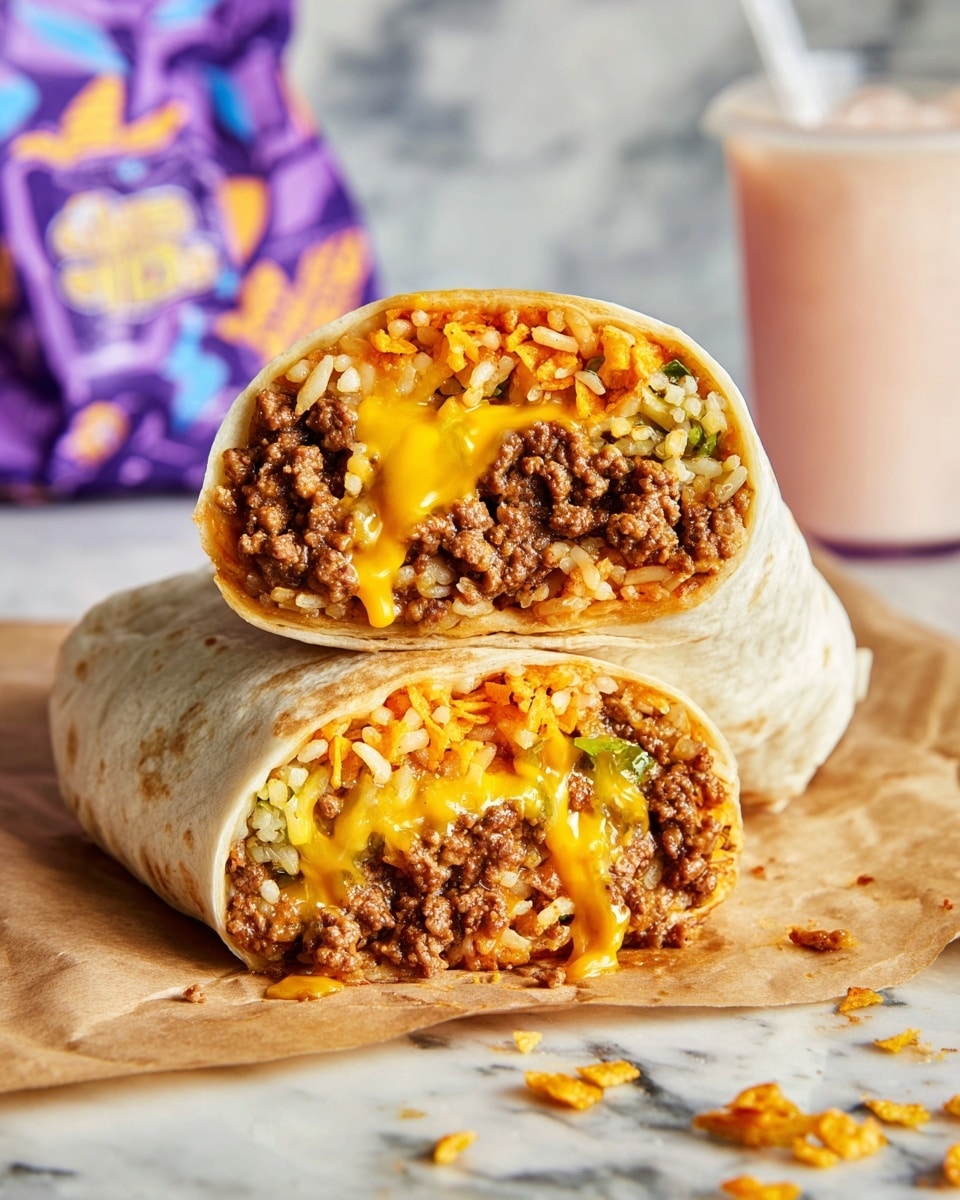 Two halves of a burrito stacked vertically, wrapped in a soft white tortilla. The top half shows a close view of the inside layers: a mix of seasoned ground beef in small crumbles, bright orange crunchy chips, yellow melted cheese dripping over the beef and chips, and light brown cooked rice mixed throughout. The burrito is set on a light brown paper with some rice and chips spilled around it. In the blurred background, there is a paper bag with purple and blue graphics and a clear cup with a pale pink beverage, all placed on a white marbled surface. Photo taken with an iphone --ar 4:5 --v 7