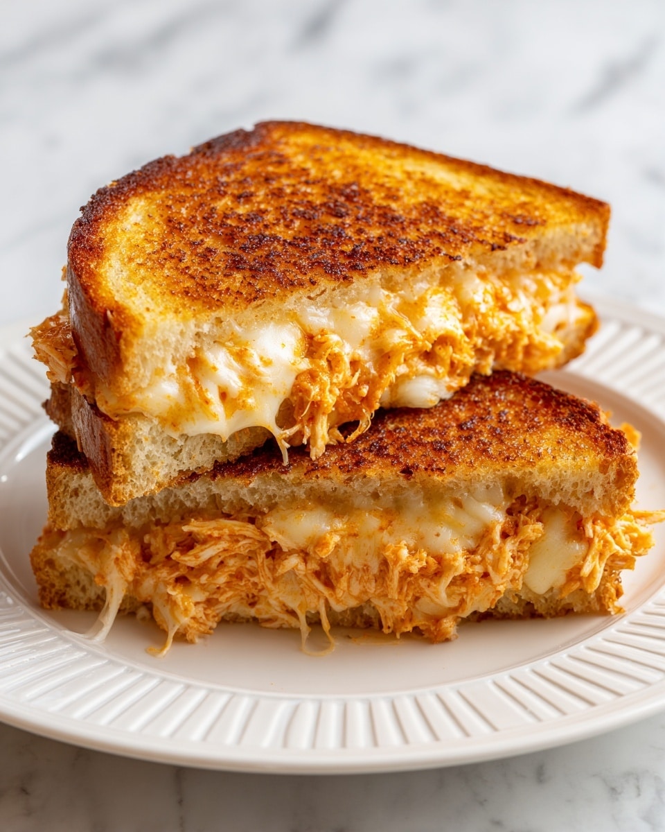 A close-up view of a grilled sandwich cut in half, showing two slices of golden brown toasted bread on the top and bottom layers with a crispy texture. Inside, there are two melted cheese layers, creamy and light yellow, mingled with an orange sauce and shredded light brown filling. The sandwich sits on a white plate with a ribbed design, placed on a white marbled surface. The melted cheese slightly pulls between the two halves, adding a gooey detail. Photo taken with an iphone --ar 4:5 --v 7