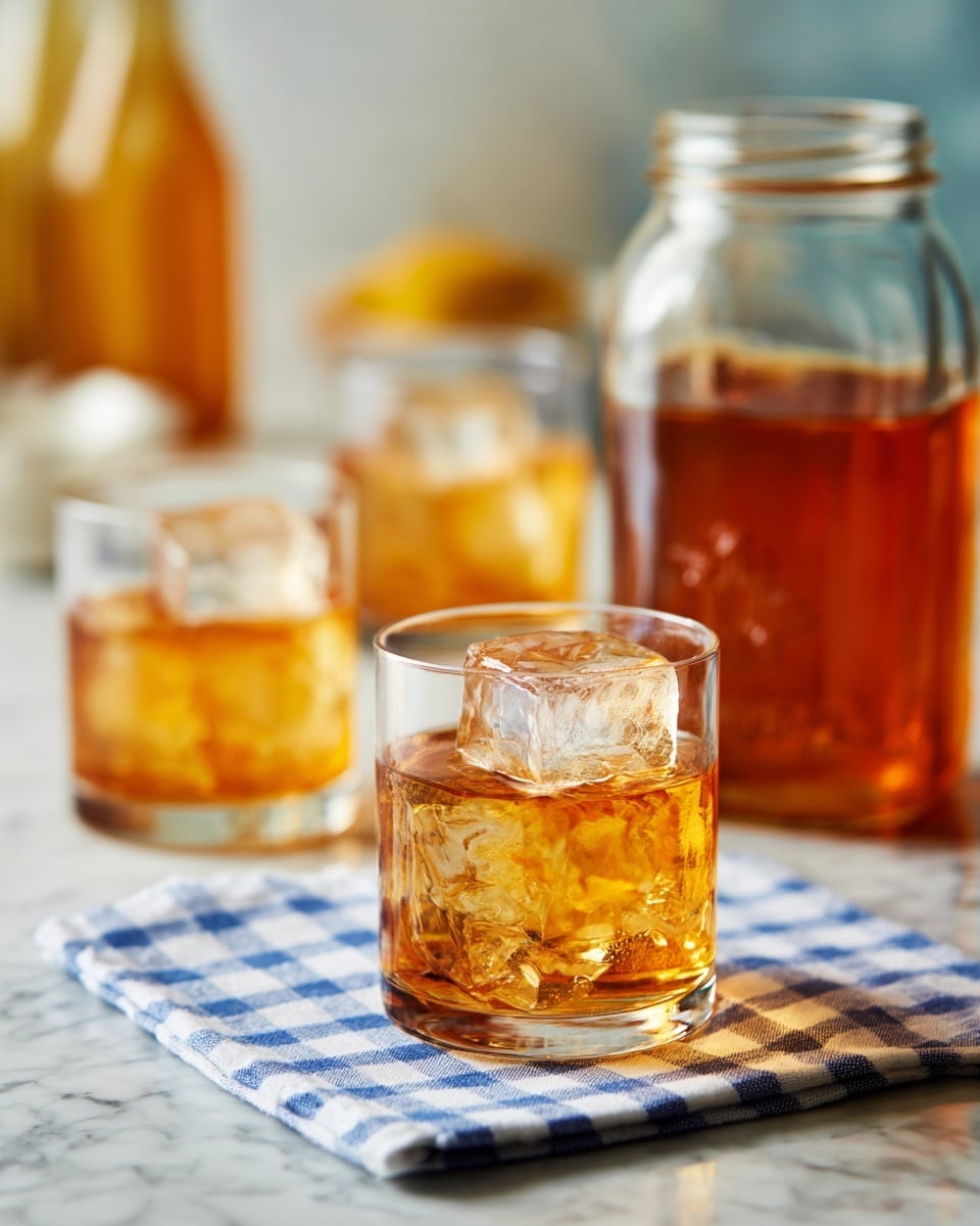 The image shows a set of clear glasses and a jar filled with orange-colored ginger drink, with some glasses having large ice cubes inside. In the center lies a small piece of fresh ginger root with its textured, light brown skin. Two bright yellow lemons are placed near the ginger, creating a fresh and natural look. The glasses and jar are arranged on a blue and white patterned cloth that rests on a white marbled surface, adding contrast and color to the scene. photo taken with an iphone --ar 4:5 --v 7