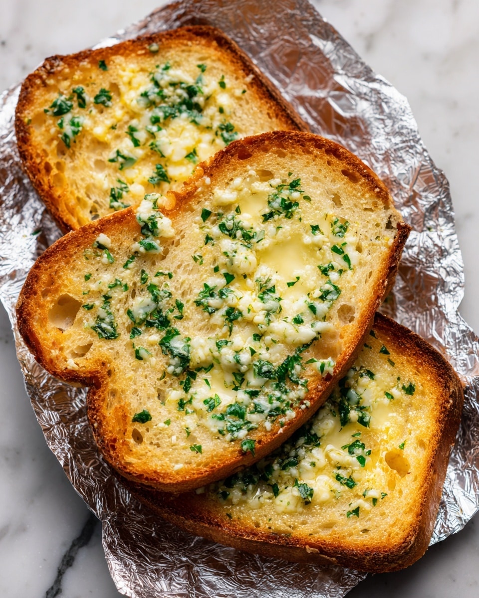 Three slices of toasted bread lie on crinkled silver foil with a white marbled surface beneath. Each slice has a golden brown crust and a creamy, melted layer of garlic butter mixed with chopped green herbs spread evenly on top. The bread texture looks airy with small holes and the green herbs are scattered throughout the butter layer, adding a fresh contrast to the warm yellowish-white spread. The edges of the bread are slightly darker and crisp. photo taken with an iphone --ar 4:5 --v 7