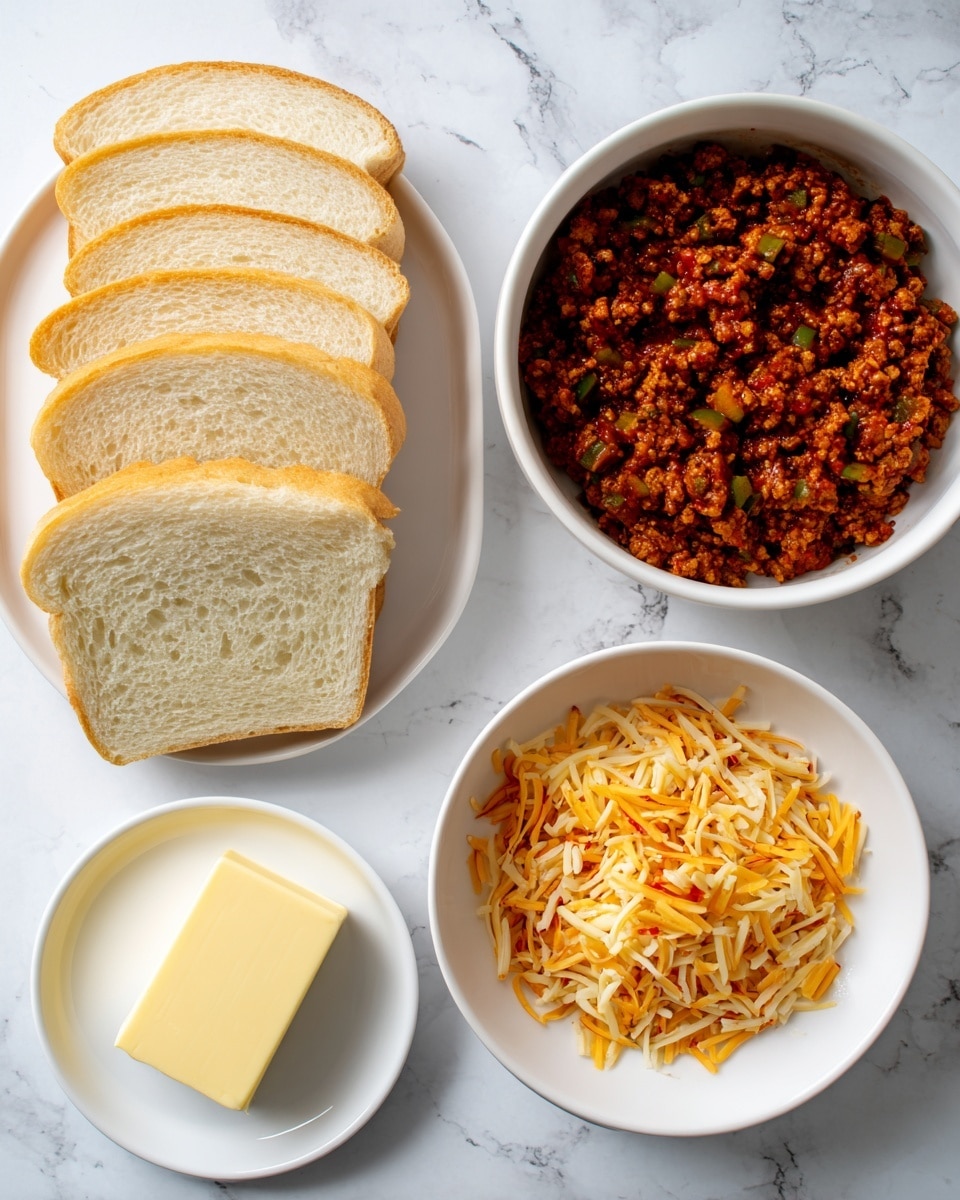 The image shows four white dishes on a white marbled surface. The top left dish is a white plate holding six slices of white bread arranged to overlap each other, with a light golden crust. To the right, there is a white bowl filled with sloppy joe mixture, which is a chunky, rich brown sauce with visible small bits of green and orange vegetables throughout. Below that, a white bowl holds shredded pepper jack cheese which is pale yellow with small red and green specks. On the lower left, a small white plate displays a solid rectangular piece of pale yellow butter. All elements are spaced apart neatly. Photo taken with an iphone --ar 4:5 --v 7