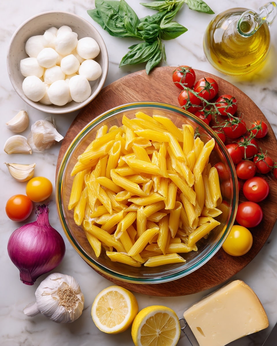 A clear glass bowl filled with bright yellow cooked pasta sits in the center on a wooden board. Surrounding it are fresh red and yellow cherry tomatoes on green stems, a halved red onion, a small pile of garlic cloves, and two lemon halves showing their bright yellow inside. A small white bowl holds smooth white mozzarella balls, and a wedge of pale yellow cheese lies nearby. There is a clear glass bottle filled with light oil next to fresh green basil leaves scattered on a white marbled surface. A yellow lemon squeezer is placed at the bottom right of the scene. Photo taken with an iphone --ar 4:5 --v 7