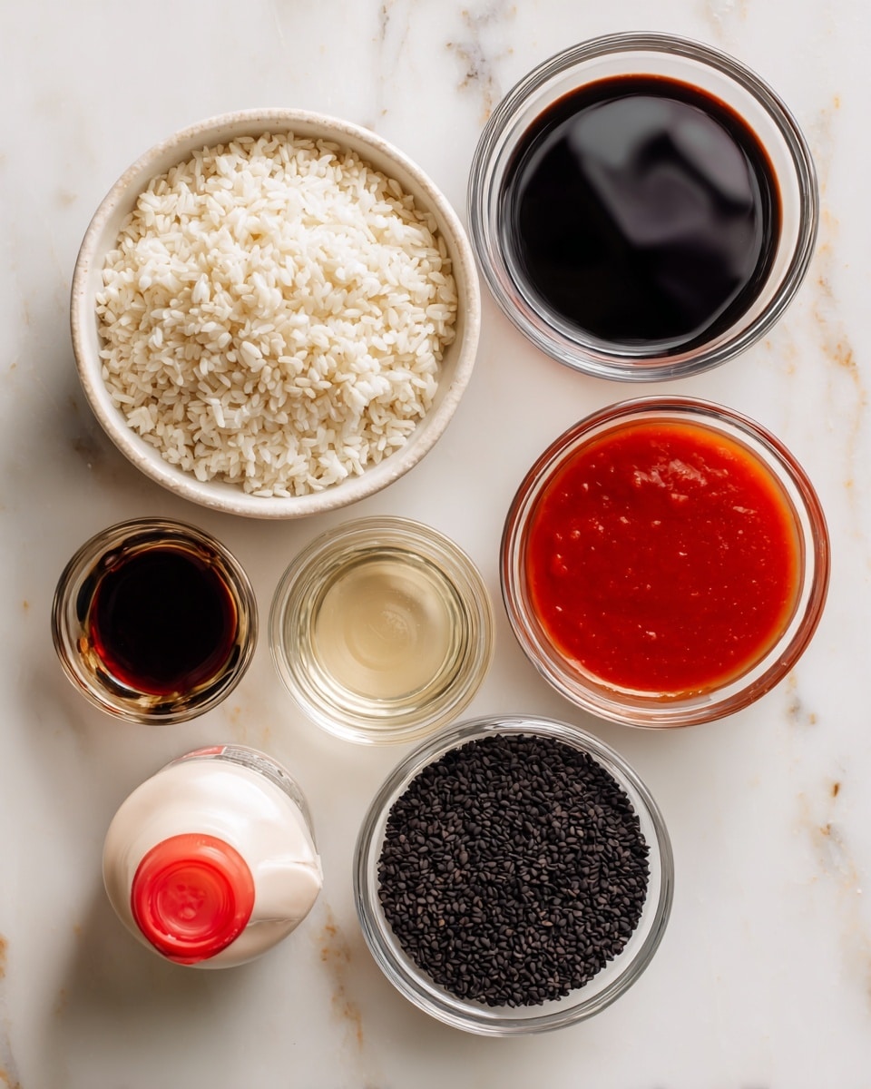 The image shows several small bowls and a tube arranged on a white marbled surface. At the top left is a bowl filled with white rice, next to it on the right is a bowl with dark soy sauce. Below the soy sauce, there is a small clear glass bowl holding light-colored rice vinegar. To the right of the rice vinegar is a clear bowl with bright red sriracha sauce. At the bottom left, an open can of light pink tuna is visible beside a white tube of Kewpie mayonnaise with red caps. Above the tube, there is a small glass bowl filled with dark brown sesame oil. At the bottom right, a bowl contains black sesame seeds. The image is taken from above, showcasing the textures and colors of each ingredient clearly, photo taken with an iphone --ar 4:5 --v 7