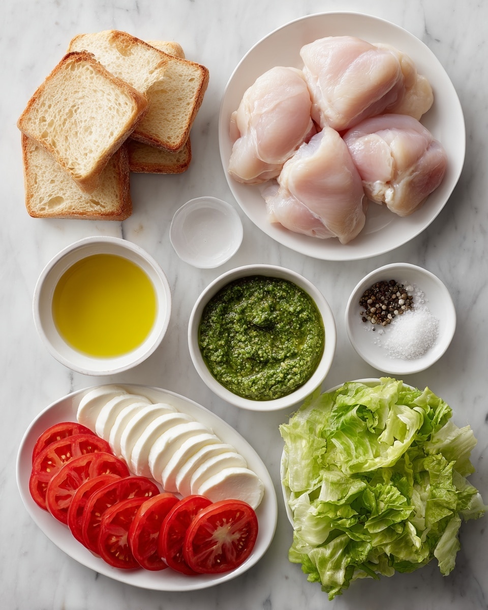 The image shows six white dishes arranged on a white marbled surface, each holding different ingredients. On the top left, three square pieces of golden brown bread with a soft texture are stacked. Below them, a white plate holds four pale pink raw chicken pieces, smooth and slightly glossy. To the right of the chicken, there is a small white bowl filled with bright green pesto sauce with a chunky texture. Above the pesto sits a small white bowl of golden yellow olive oil that looks smooth and shiny. Next to that are two tiny white bowls side by side; one contains coarse white salt and the other black pepper grains. At the bottom right, a white oval plate shows three layers: on the left side are soft creamy white mozzarella cheese slices, in the center are five slices of bright red tomato with visible seeds, and on the right side is a bunch of fresh green curly lettuce leaves. All ingredients are neatly displayed, photo taken with an iphone --ar 4:5 --v 7