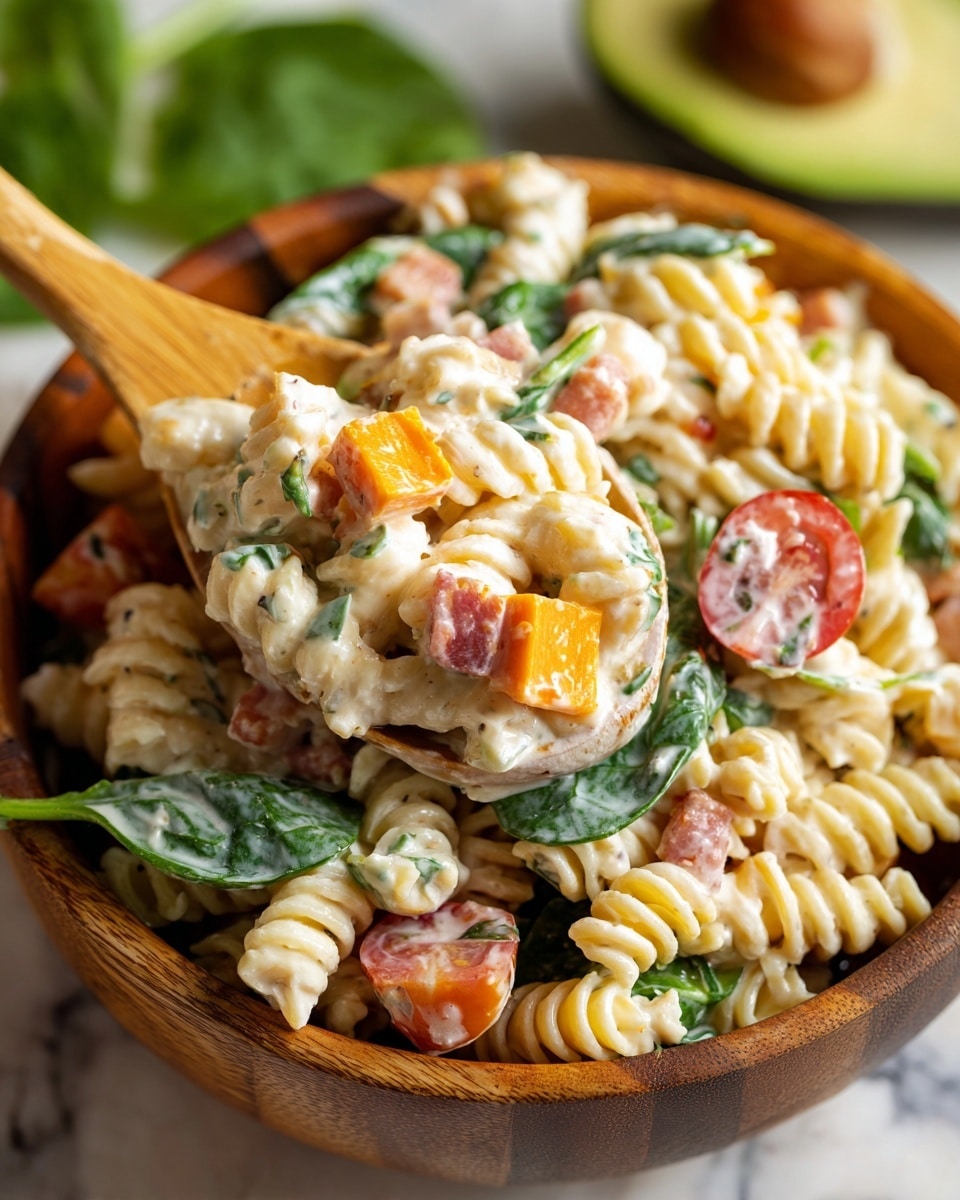 A wooden spoon holds a scoop of creamy pasta salad with three main parts: light beige spiral pasta on the right, small cubes of orange cheese and bits of pink bacon mixed in the center, with bright red cherry tomatoes and green spinach leaves around the edges. The salad is covered with a white creamy dressing that adds a smooth texture, and the background shows a blurred white marbled surface with green leaves and half an avocado. Photo taken with an iphone --ar 4:5 --v 7