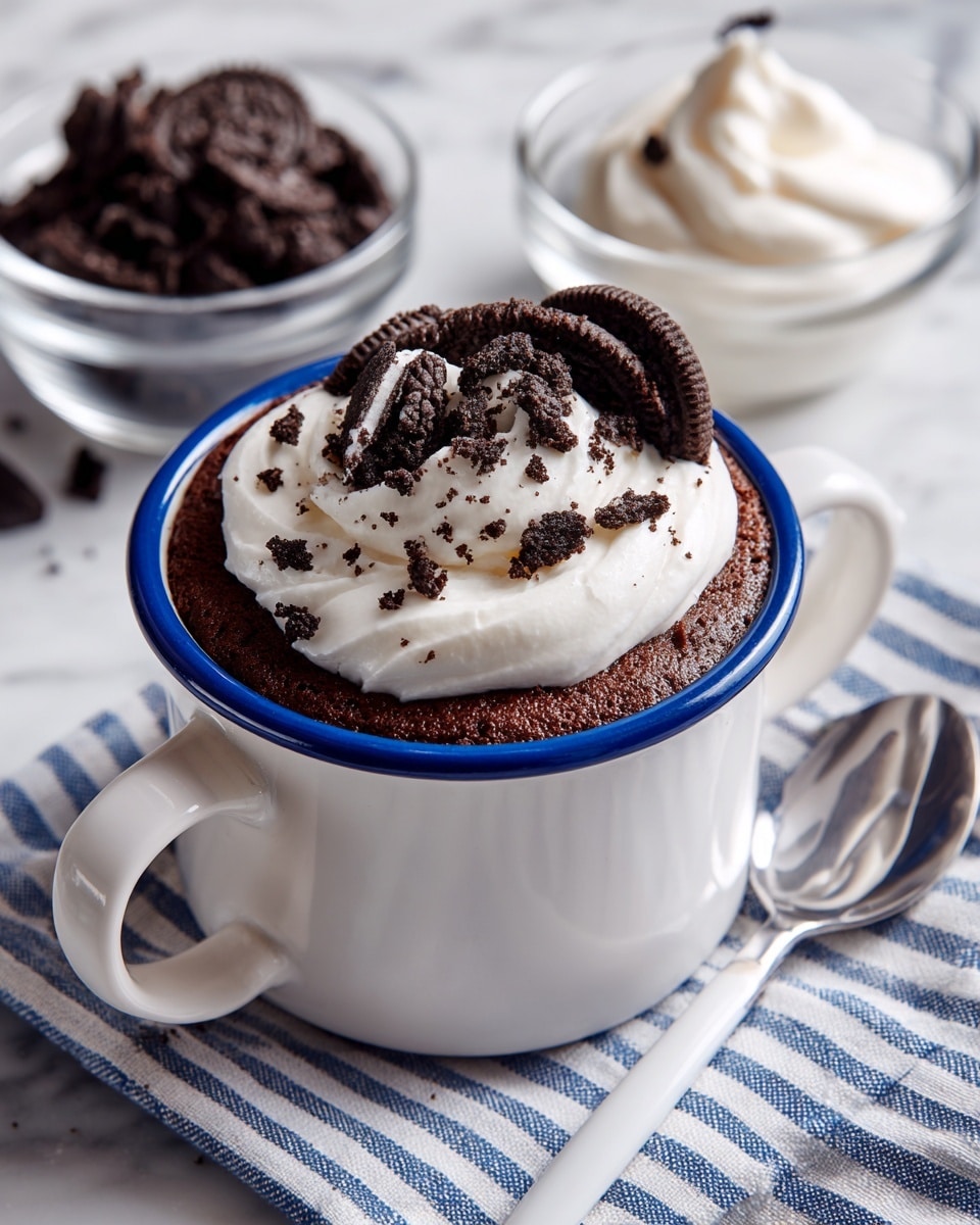 A white mug with a blue rim holds a dark brown mug cake as the bottom layer. On top is a thick, smooth swirl of white whipped cream, decorated with scattered pieces of crumbled dark chocolate sandwich cookies that have visible white cream inside. Nearby are two clear glass bowls, one filled with more crumbled dark chocolate cookies and the other with extra whipped cream. A white ceramic spoon rests on a blue and white striped cloth to the right, all set on a white marbled surface. photo taken with an iphone --ar 4:5 --v 7