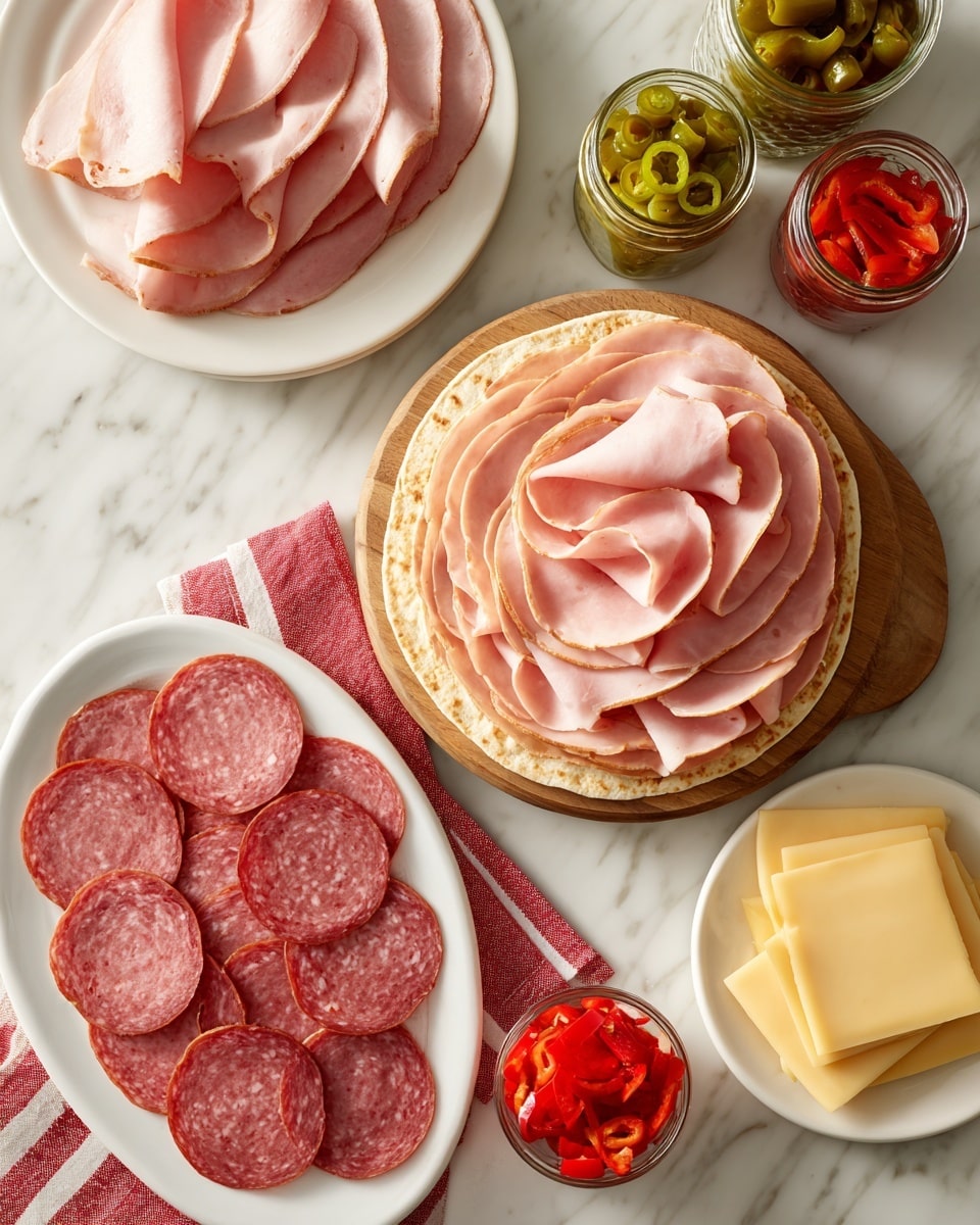 A flat round tortilla is placed on a wooden cutting board with two layers of thin, pink ham slices evenly layered on top, nearly covering the tortilla edge to edge; above the board, there’s a white plate with more ham slices, and two glass jars with green and red peppers stand side by side. Below the board, a white oval plate holds two layers of round, thin salami slices arranged in overlapping rows, while to the right, a small white plate has several pale yellow square cheese slices stacked neatly. In the bottom right corner, two small glass bowls contain bright red roasted peppers and green pepper rings, all set on a white marbled surface with a red and white striped cloth peeking under the board. Photo taken with an iphone --ar 4:5 --v 7