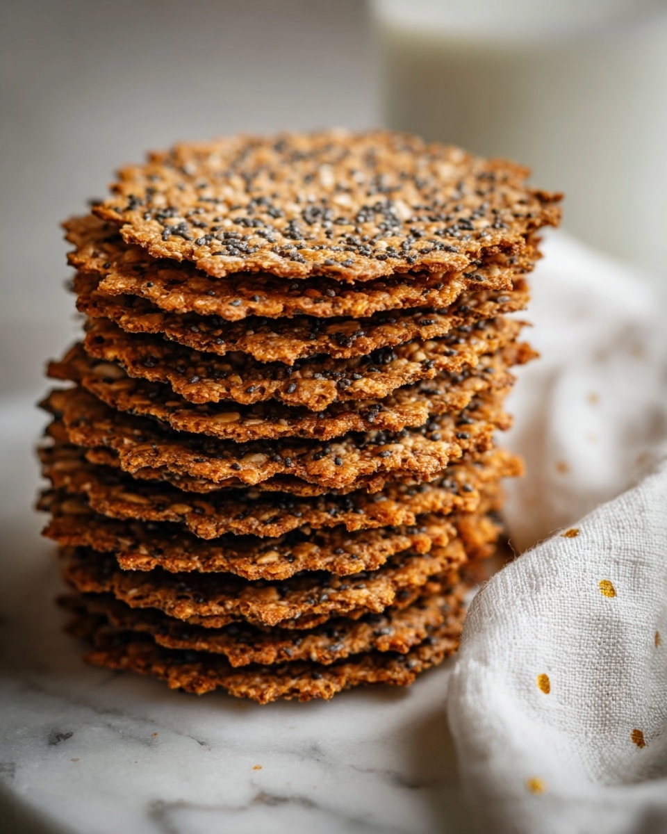 A tall stack of thin, round golden-brown crackers filled with small black and white seeds rests on a white marbled surface. The texture of each cracker looks crunchy and slightly rough with visible grains and seeds. The stack is slightly uneven, showing about ten layers of crackers, and a soft white cloth with small gold dots is partially visible at the bottom right corner. The background is softly blurred, with a hint of a glass of milk behind the crackers. photo taken with an iphone --ar 4:5 --v 7
