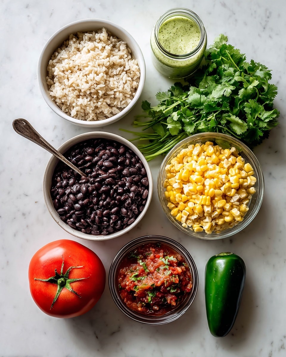 A photo showing the ingredients for a burrito bowl arranged on a white marbled surface. At the center bottom, there is a pot filled with black beans in dark liquid with a spoon inside. To the left, a white bowl contains cooked rice, light beige color. Above the rice is a glass jar with pale green cilantro lime crema sauce. On the top center is a bunch of fresh green cilantro leaves. To the right of the cilantro is a clear bowl filled with bright yellow corn. Next to the corn, there is a dark green avocado. Below the avocado is a small clear bowl of chunky red salsa with visible tomato, onion, and herbs. A whole bright red tomato sits below the cilantro, left of the salsa, with a dark green jalapeno pepper placed between the tomato and salsa. Photo taken with an iphone --ar 4:5 --v 7